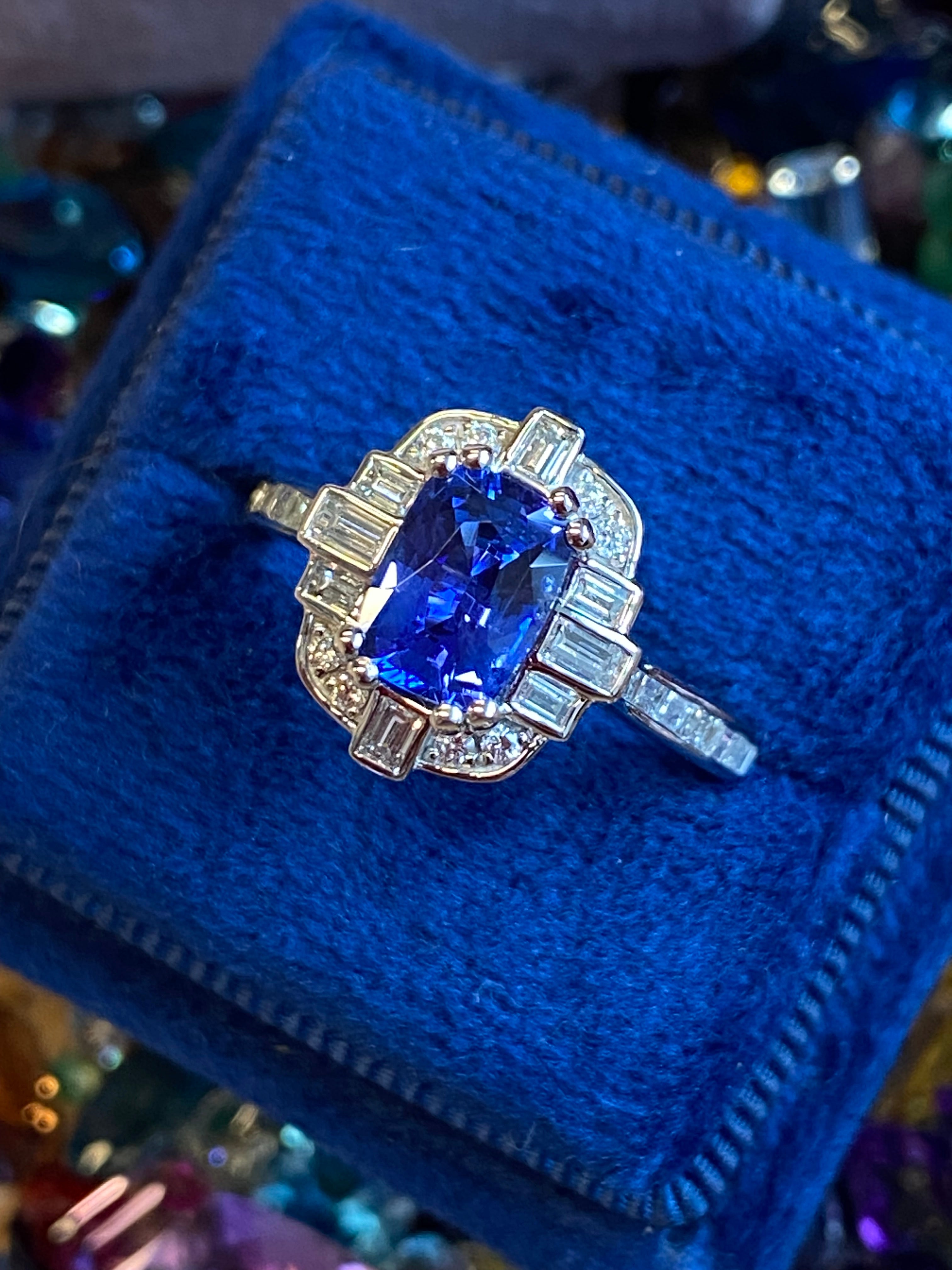 1.94 CTW Blue Ceylon Sapphire and Natural Diamond Art Deco Style Halo Ring in Platinum