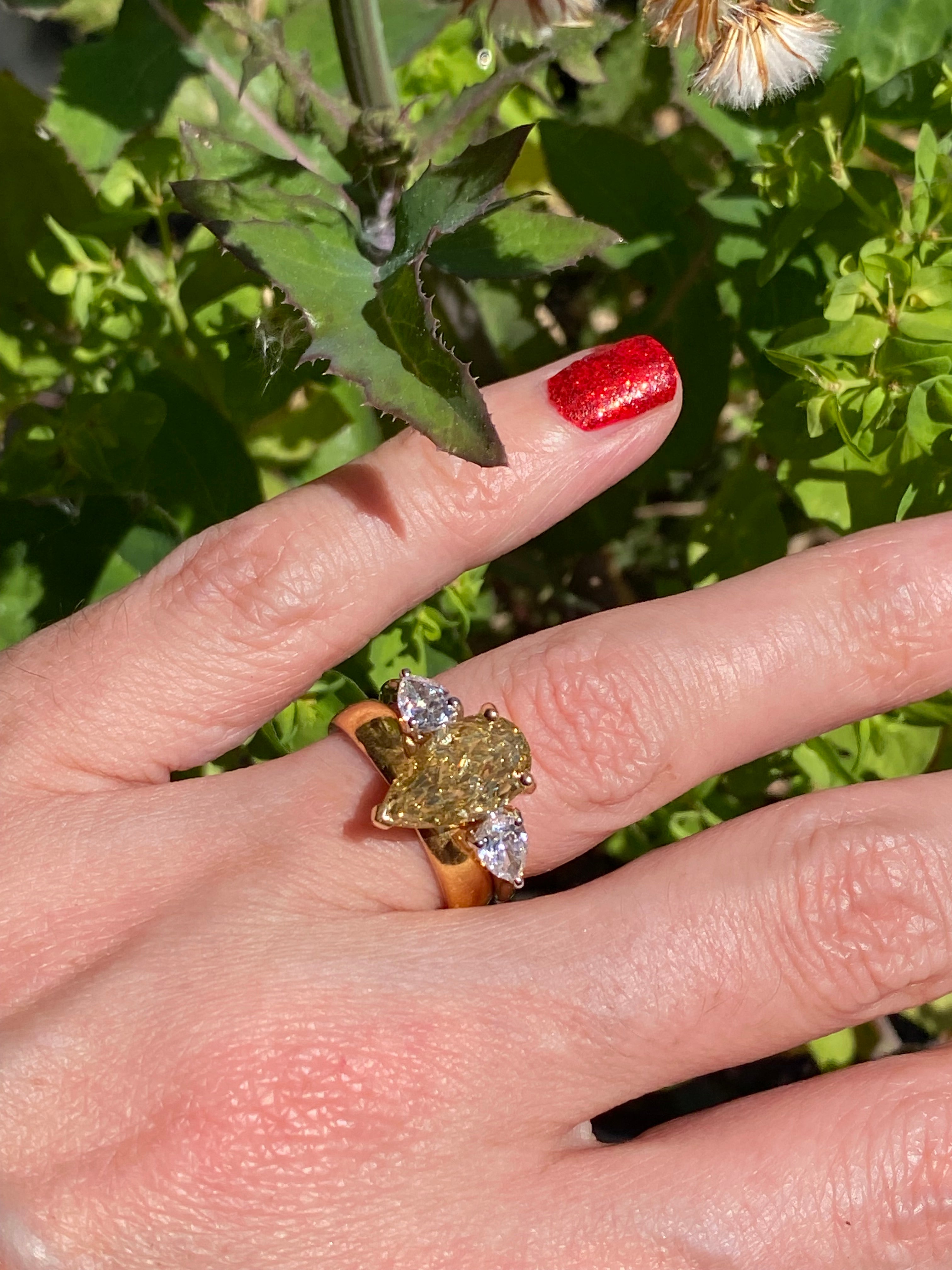 4.04 CTW Pear Cut Fancy Yellow Lab Diamond Three Stone Engagement Ring in 18ct Yellow and White Gold