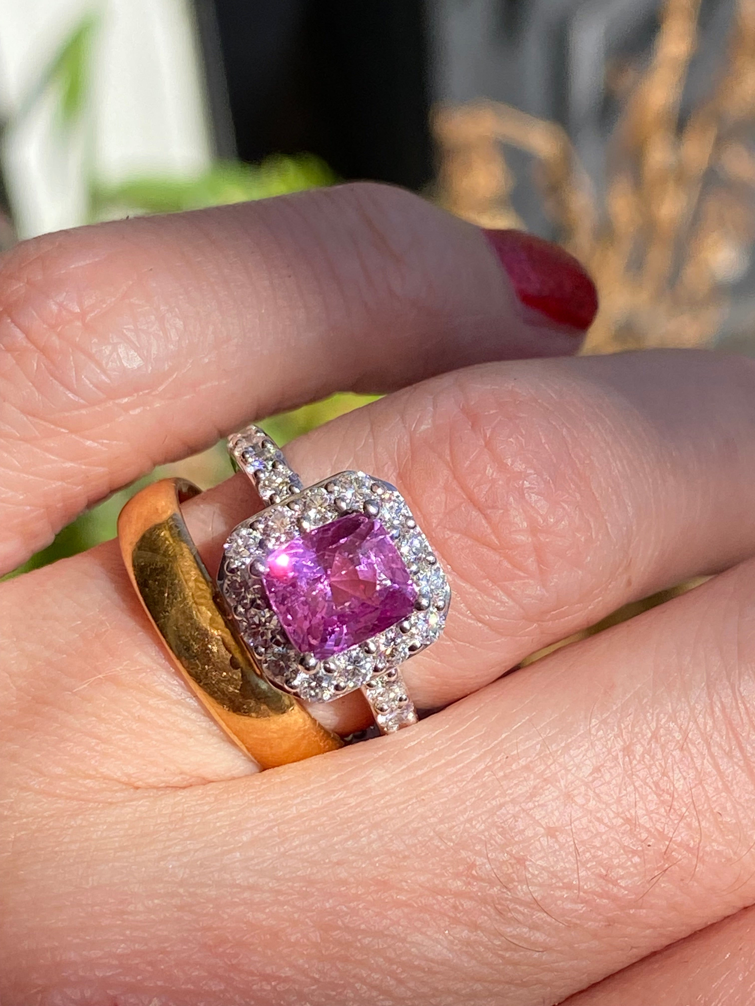 3.08 CTW Cushion Cut Pink Sapphire and Natural Diamond Art Deco Style Ring in Platinum