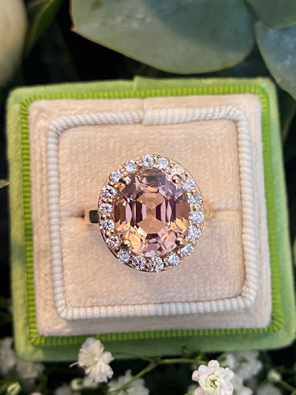 6.00 Carat Oval-Cut Pink Tourmaline and Diamond Halo Ring in 18ct Rose Gold