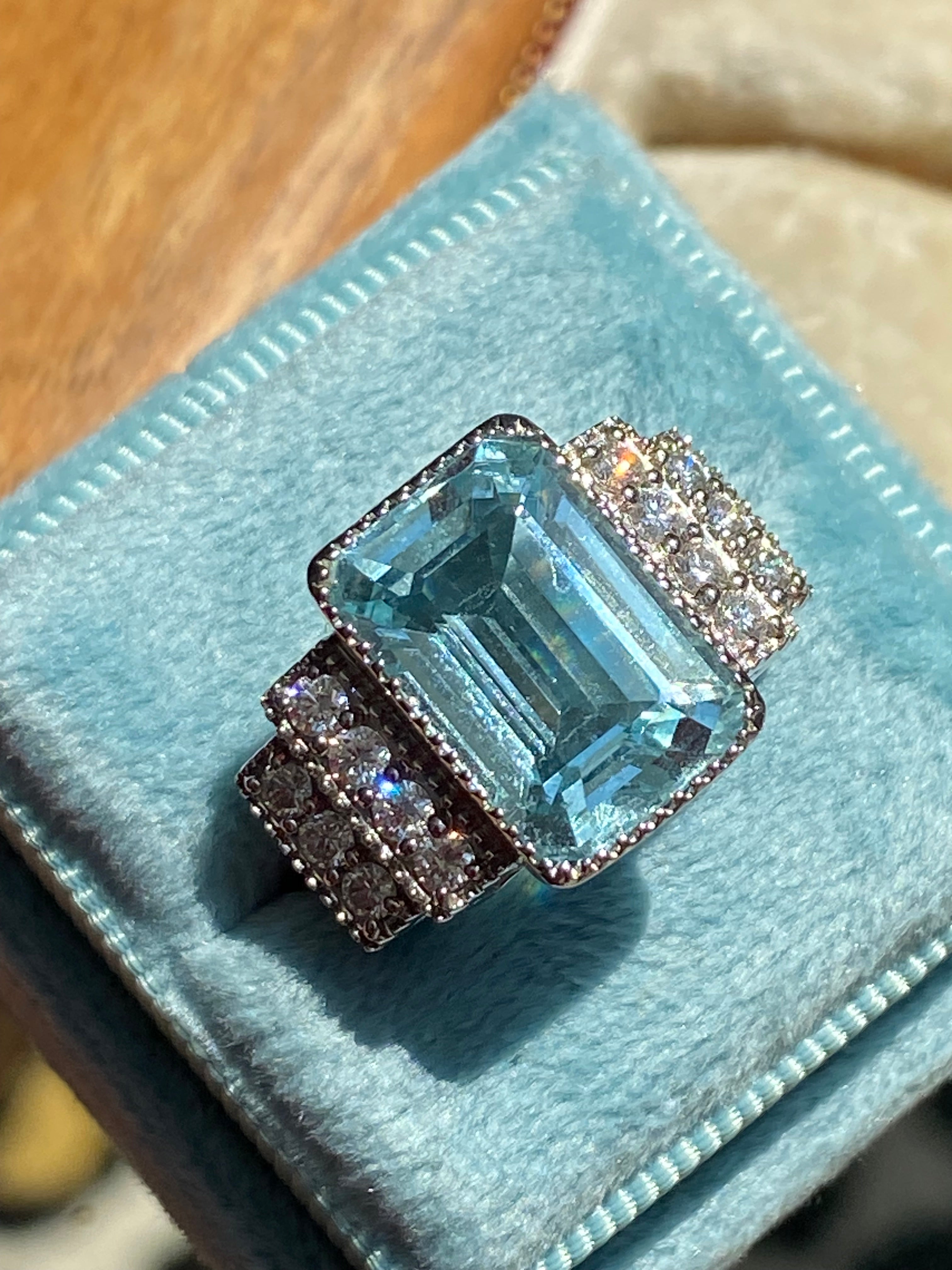 6.29 CTW Art Deco Style Aquamarine and Diamond Ring in 18ct White Gold