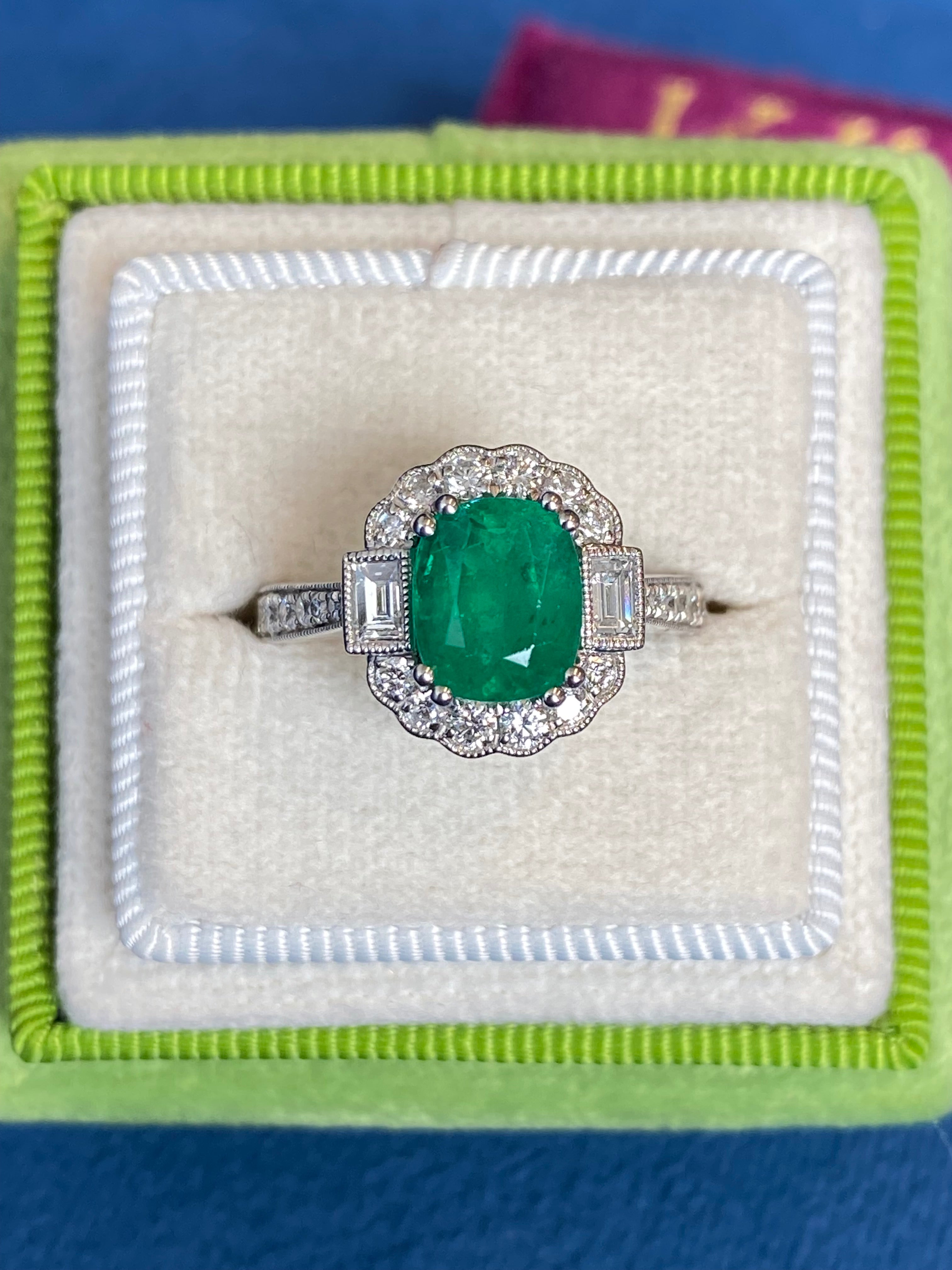 2.02 Carat Cushion Cut Emerald and 0.65 CTW Natural Diamond Halo Ring in Platinum