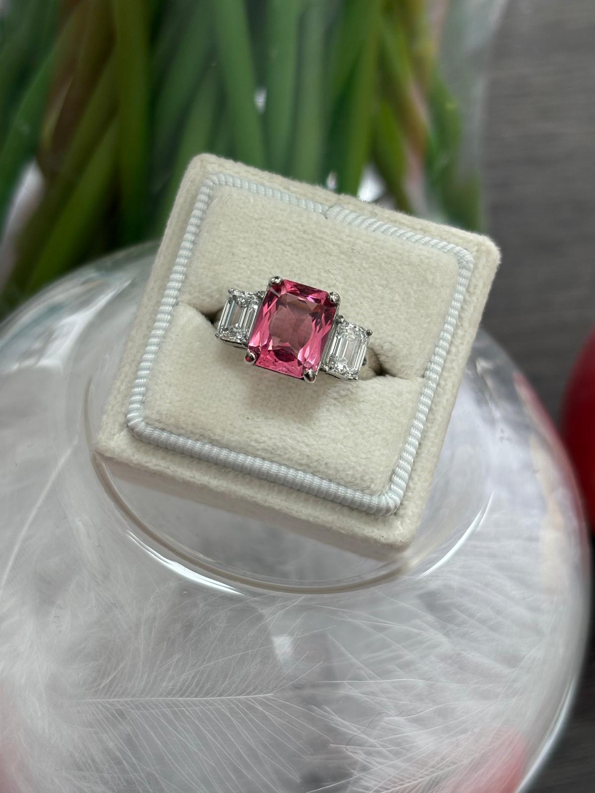 3.45 Carat Pink Tourmaline and 1.34 CTW Lab Diamond Ring in Platinum