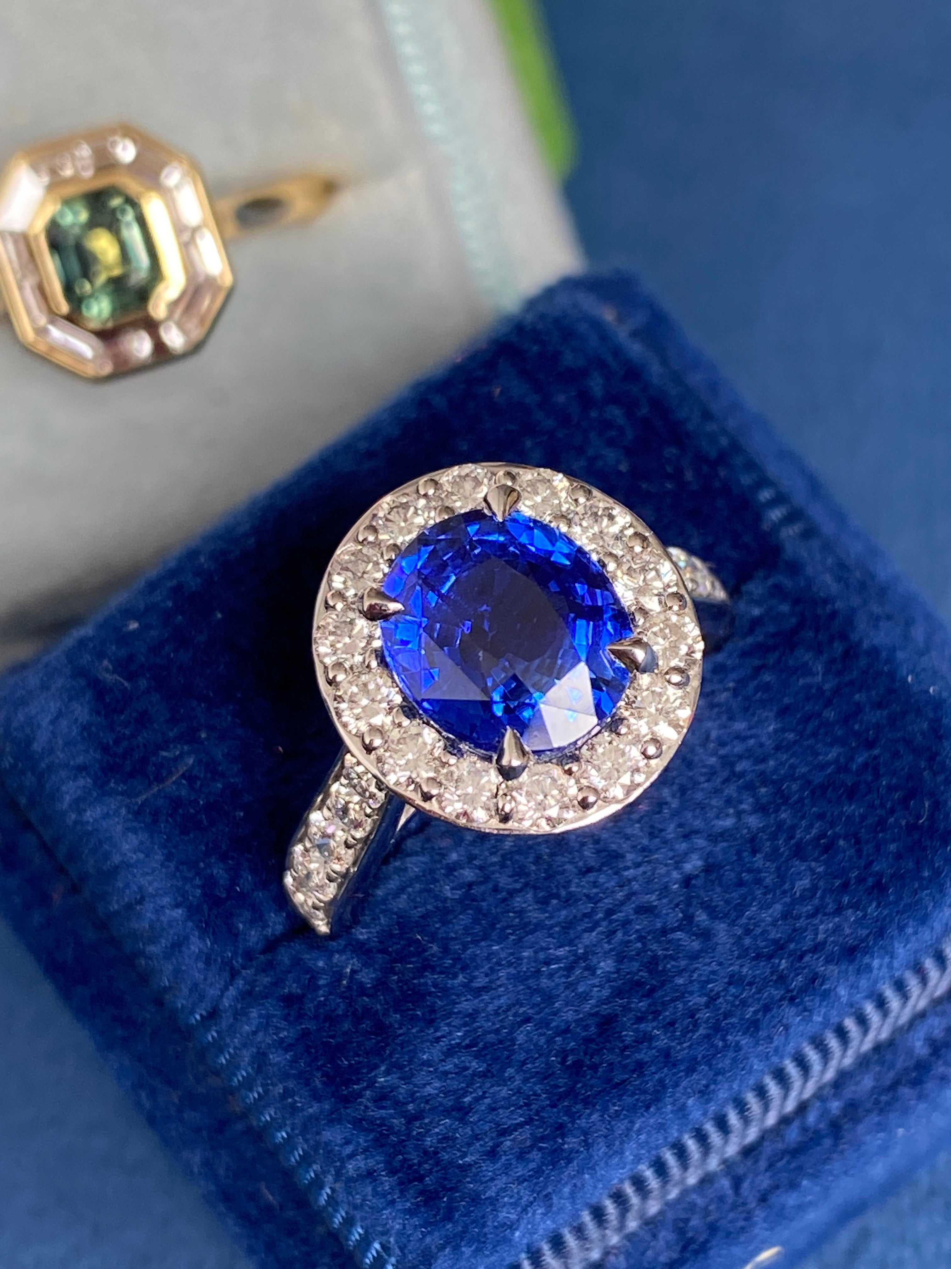 3.01 Carat Blue Ceylon Sapphire and Natural Diamond Halo Ring in Platinum