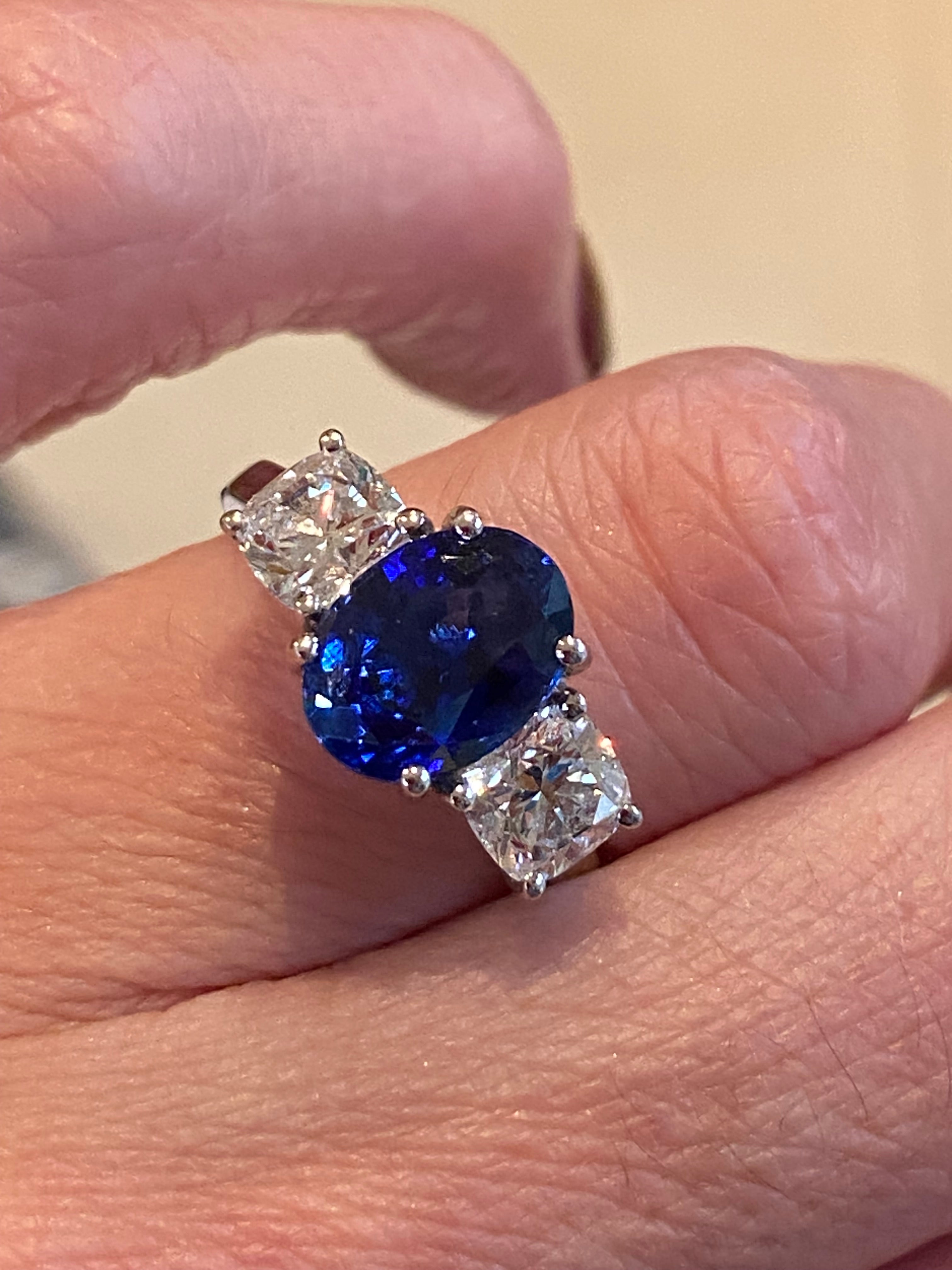 4.33 CTW Blue Ceylon Sapphire and Natural Diamond Three Stone Engagement Ring in Platinum