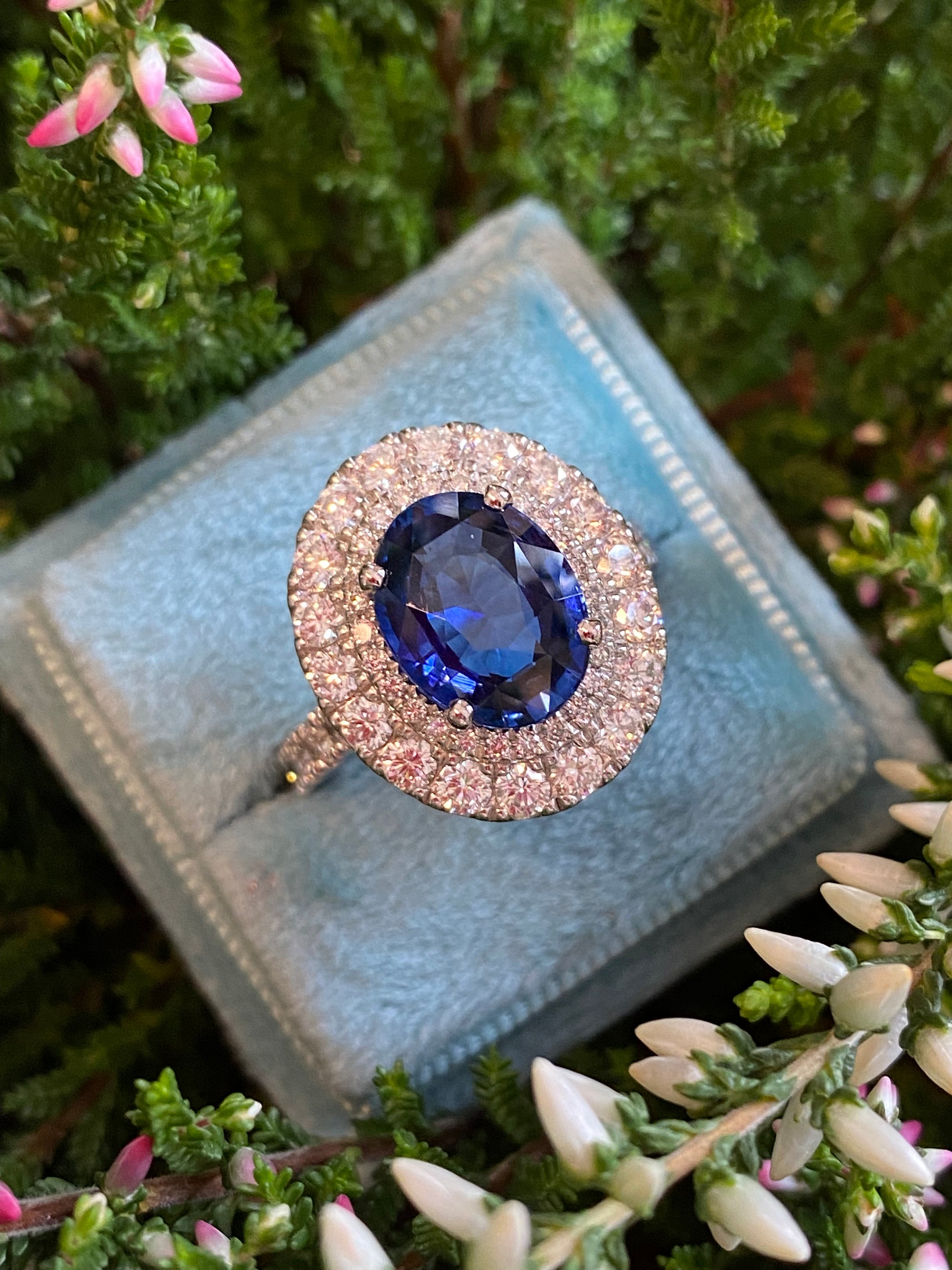 4.29 Carat Blue Ceylon Sapphire and 1.67 CTW Natural Diamond Halo Ring in Platinum