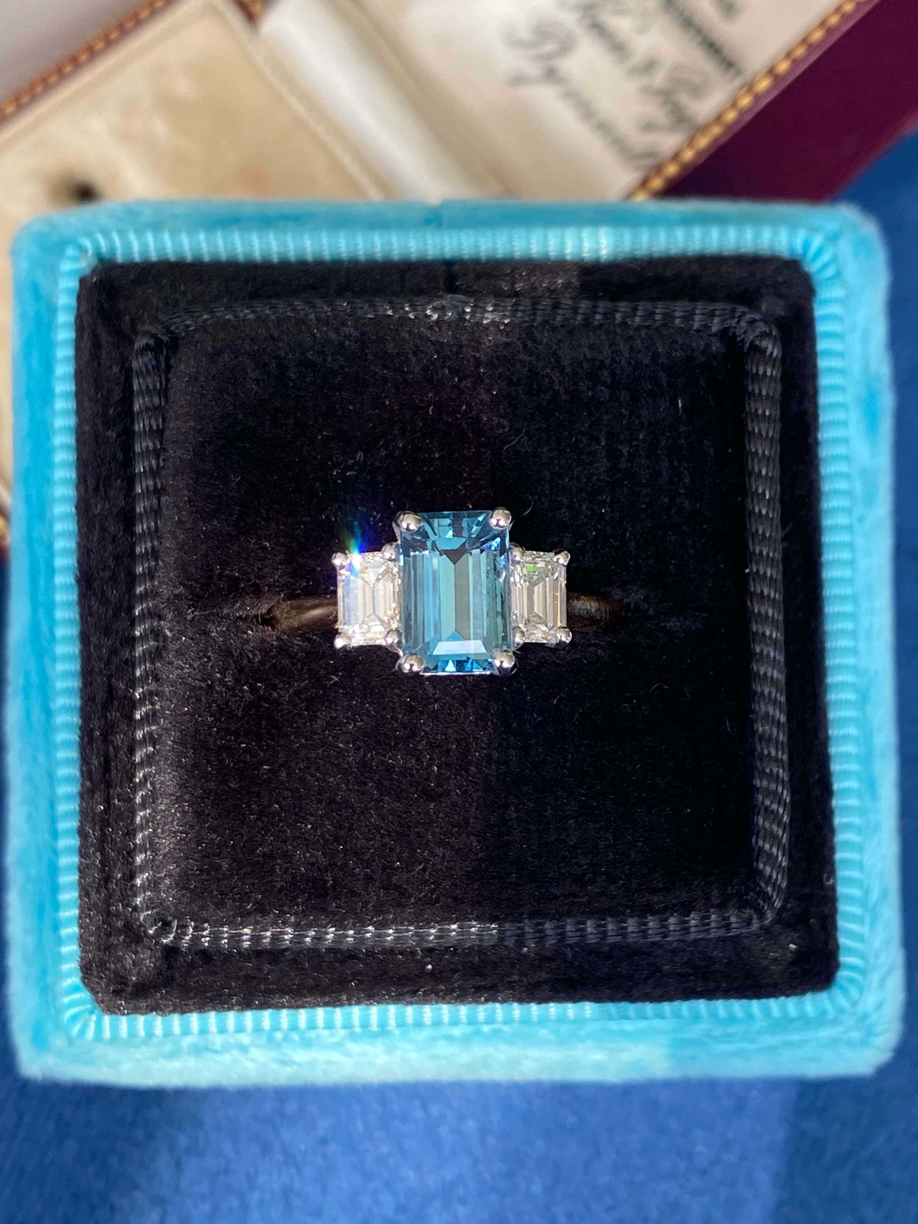 1.73 CTW Aquamarine and Natural Diamond Three Stone Ring in Platinum and 18ct Yellow Gold