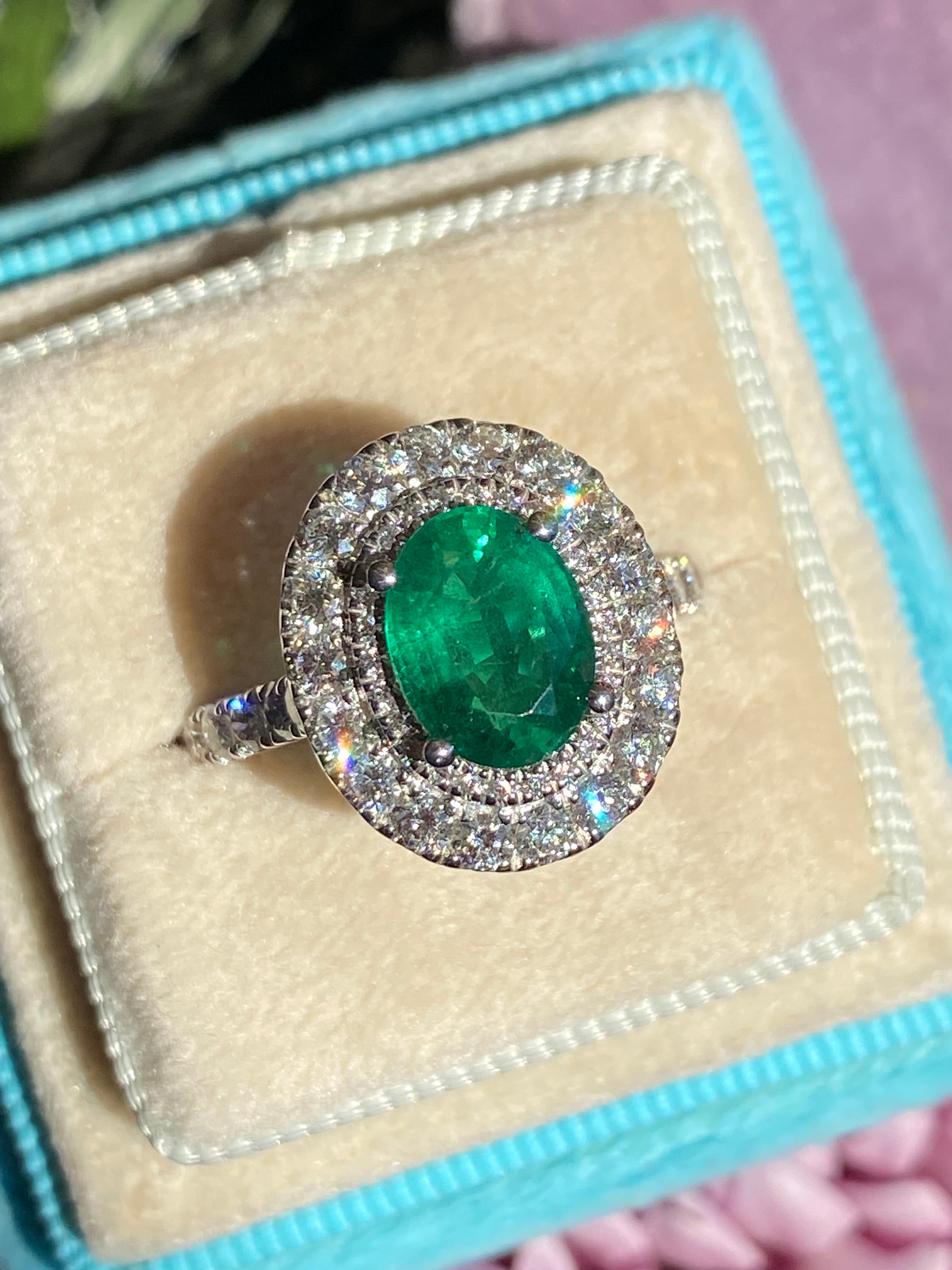 3.11 CTW Emerald and Natural Diamond Double Halo Ring in Platinum