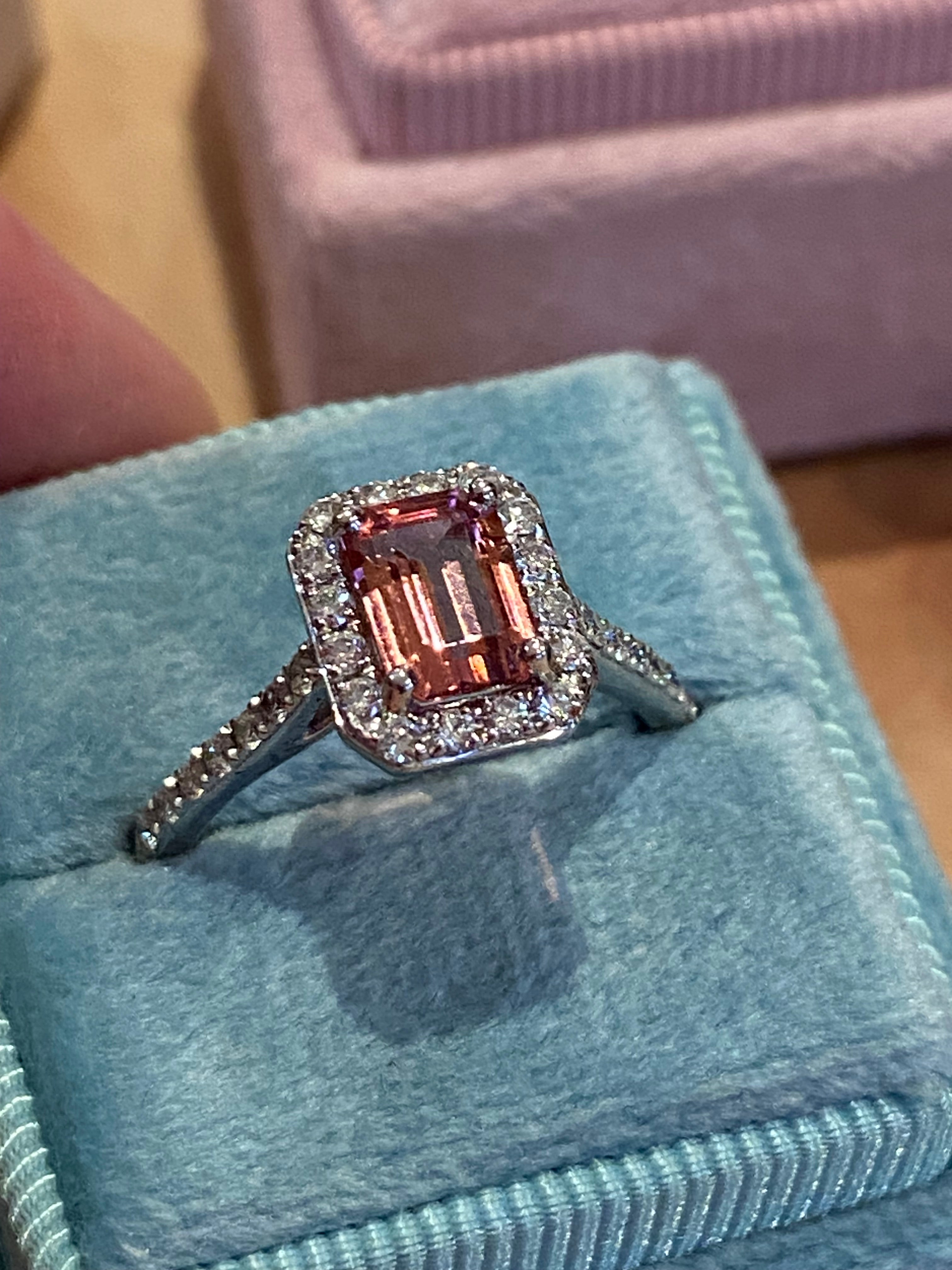 1.42 CTW Emerald Cut Pink Tourmaline and Natural Diamond Halo Ring in Platinum