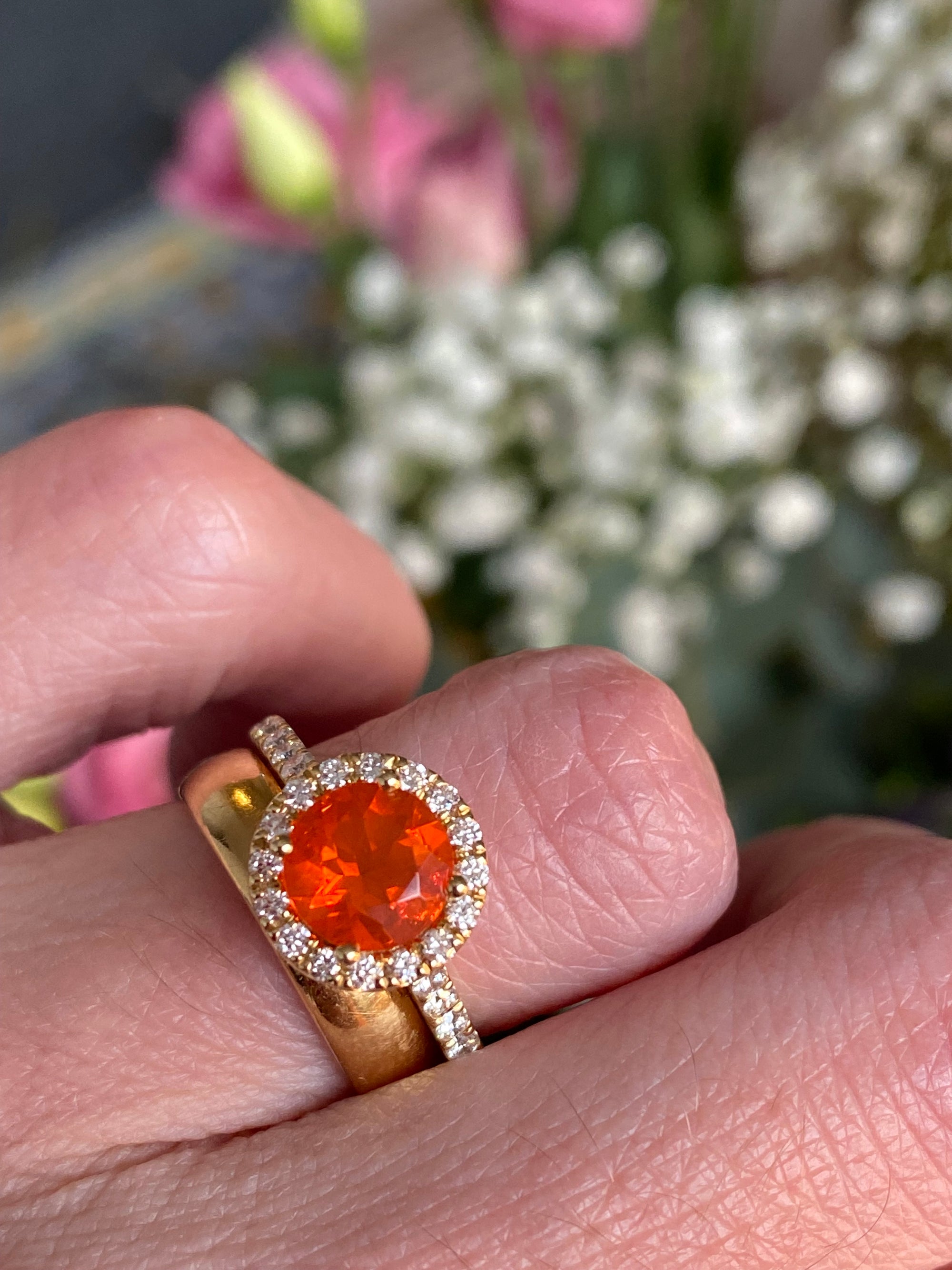 1.37 CTW Fire Opal and Natural Diamond Halo Ring in 18ct Yellow Gold