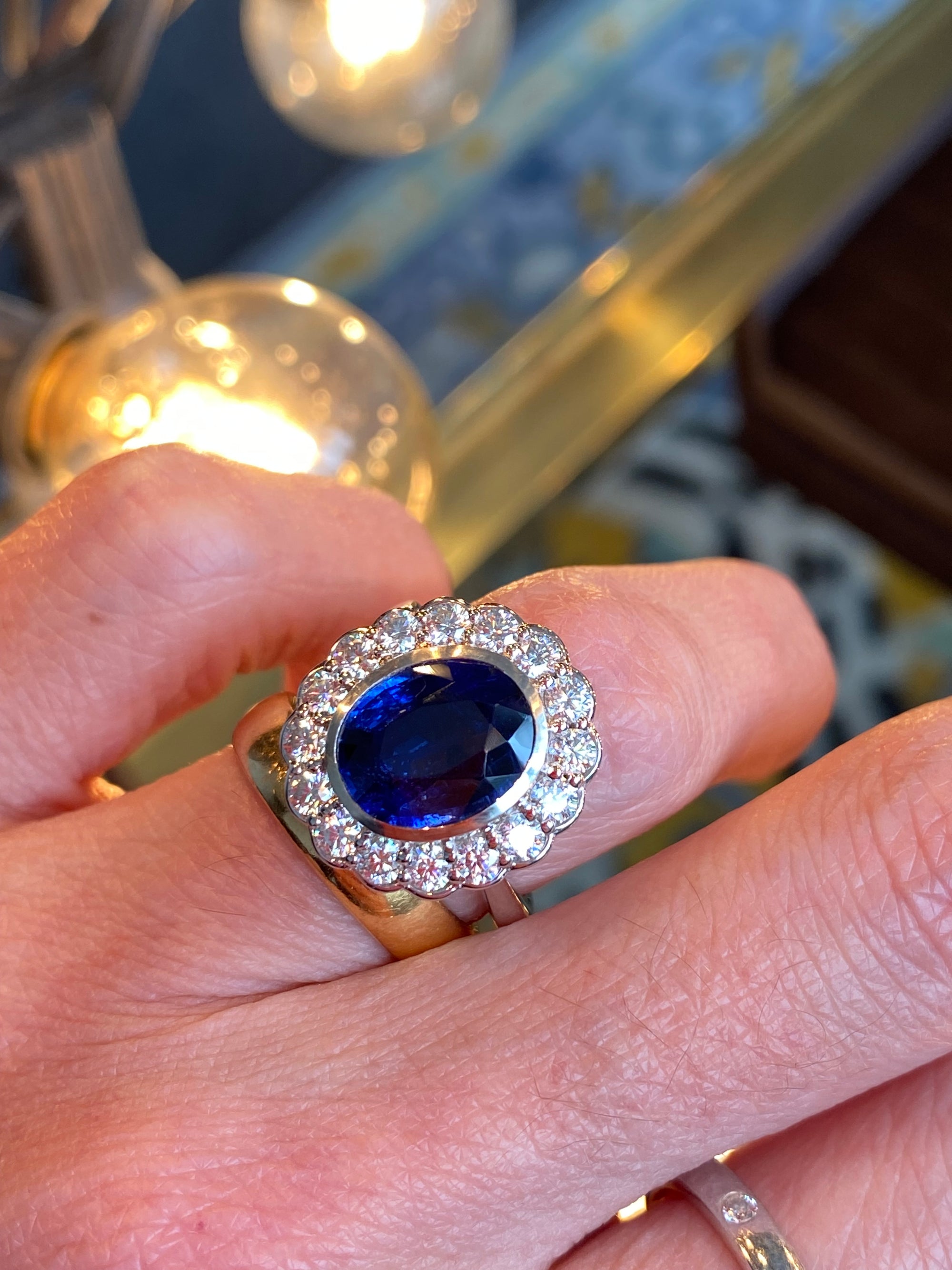 5.40 CTW Oval Cut Kyanite and Moissanite Halo Ring in Sterling Silver