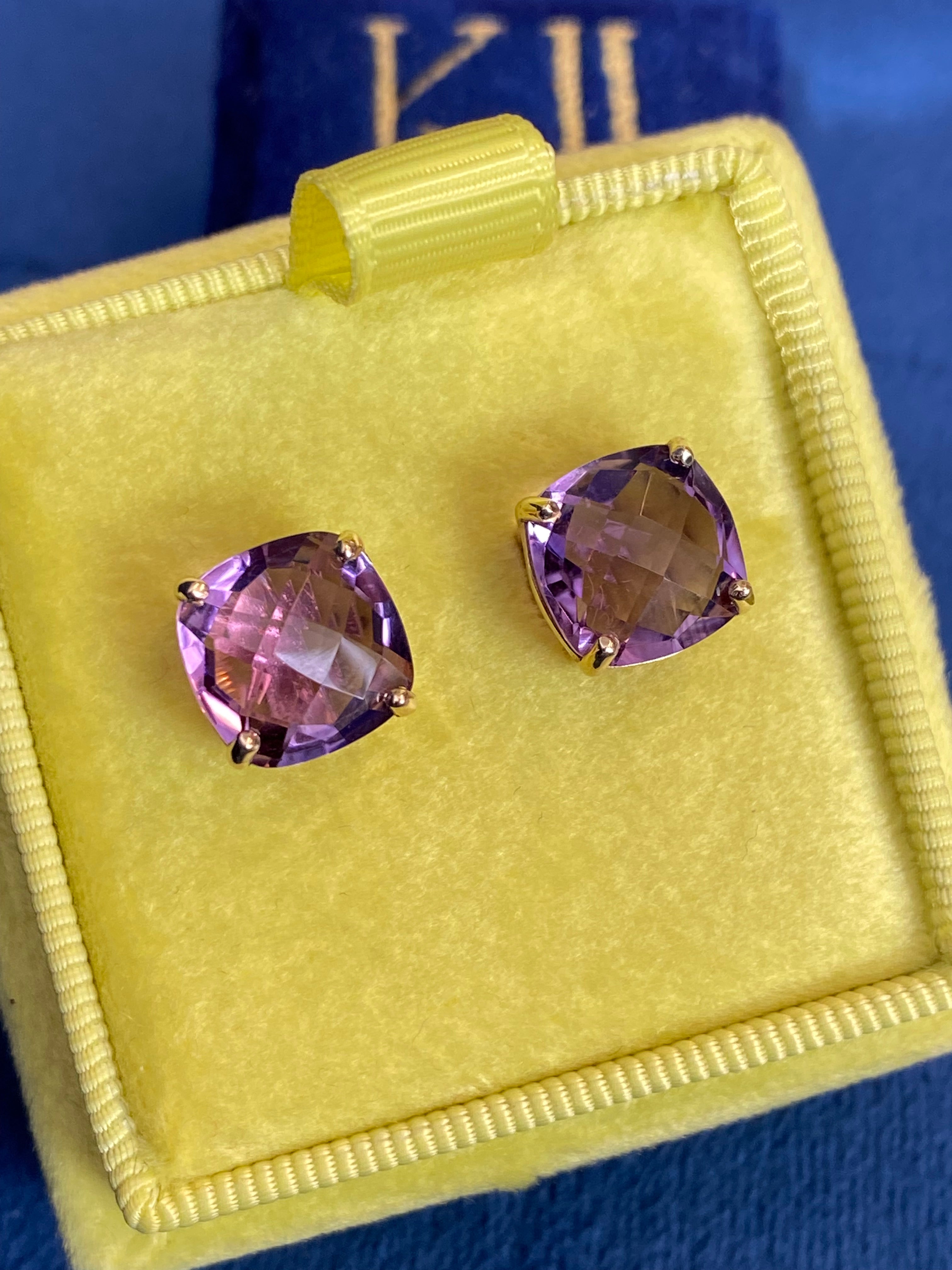 Cushion Chequerboard Cut Rose De France Amethyst Stud Earrings in 9ct Yellow Gold