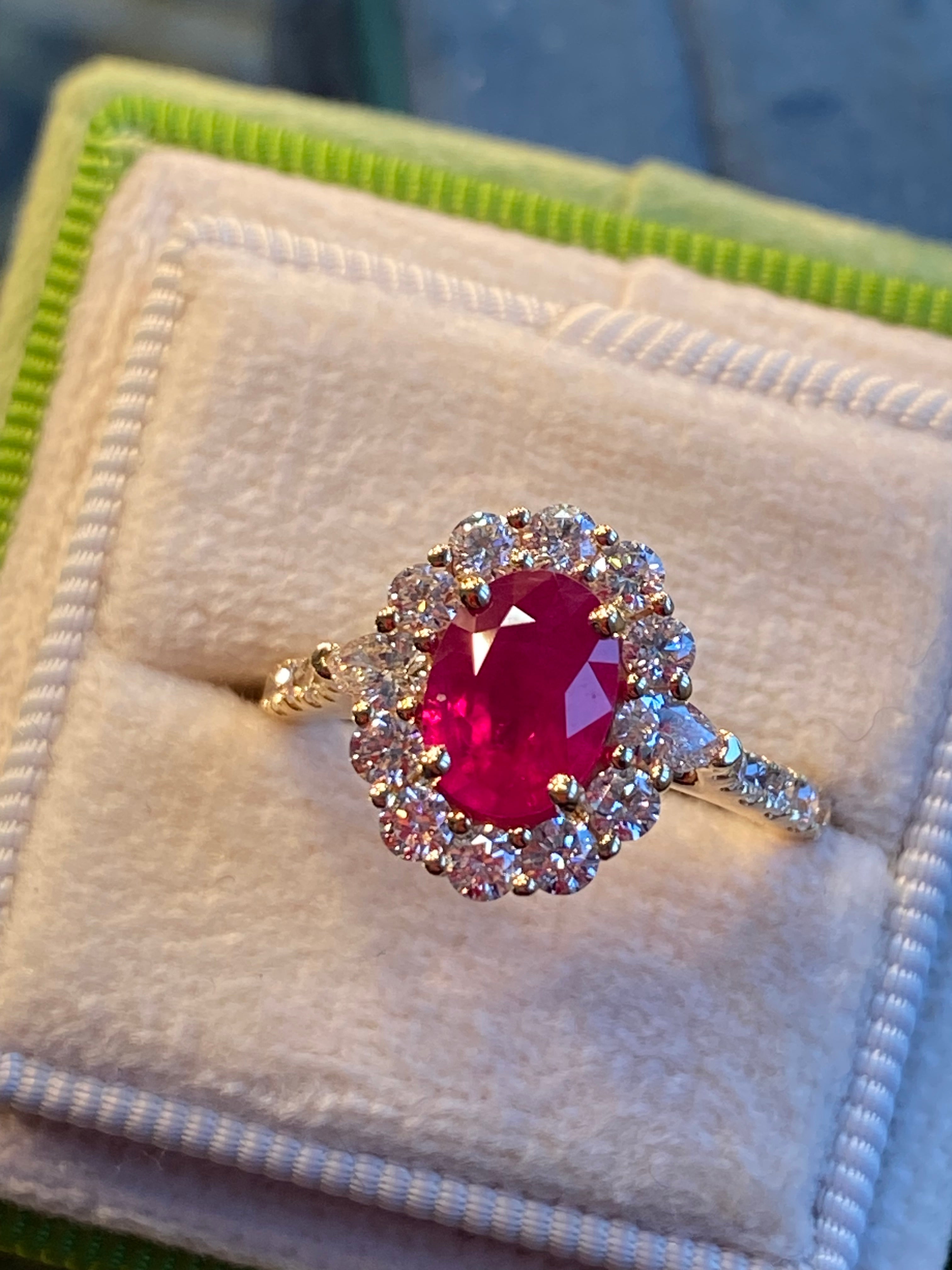 2.40 CTW Ruby and Natural Diamond Halo Ring in 18ct Yellow Gold