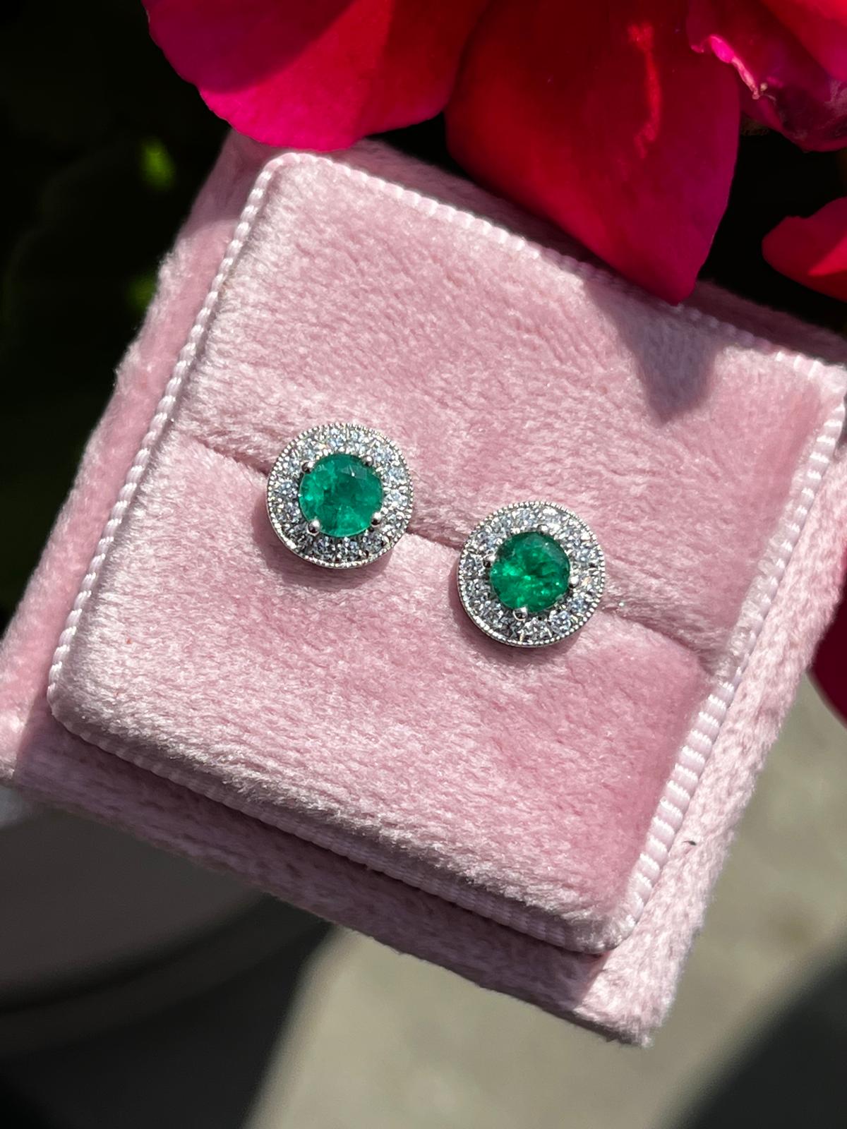 Emerald and Natural Diamond Halo Stud Earrings in 18ct White Gold