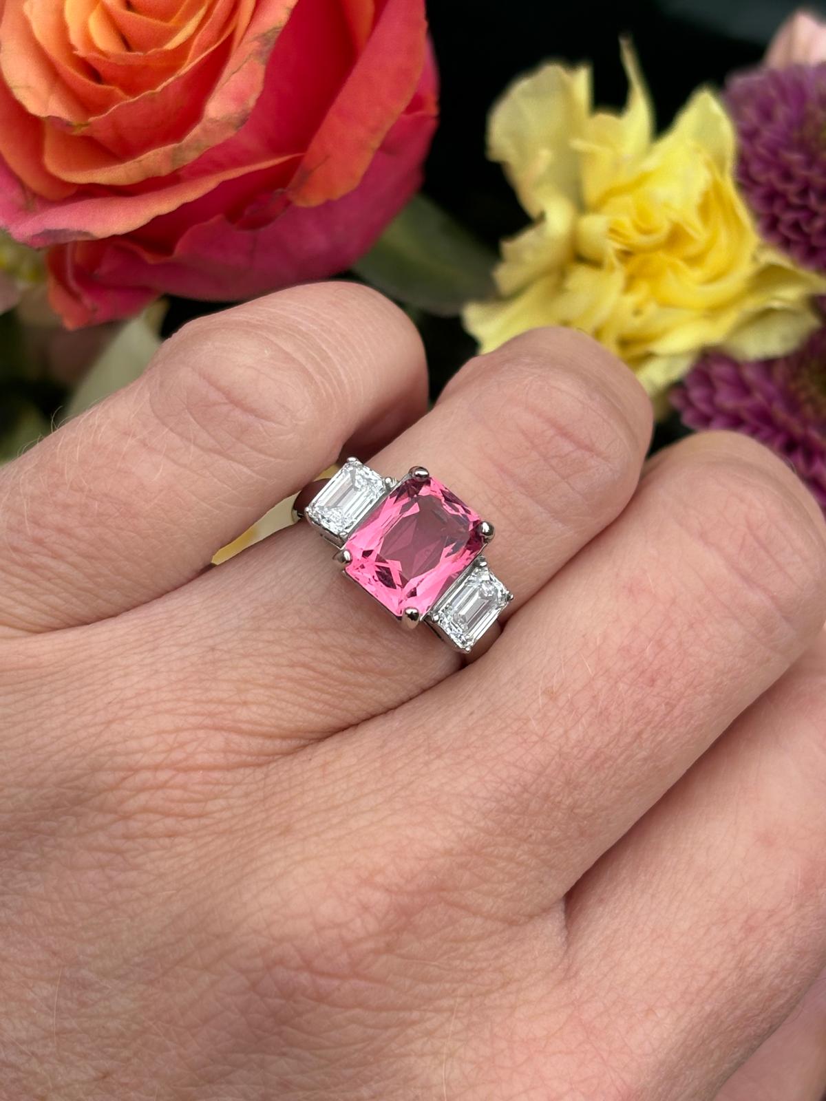 3.45 Carat Pink Tourmaline and 1.34 CTW Lab Diamond Ring in Platinum