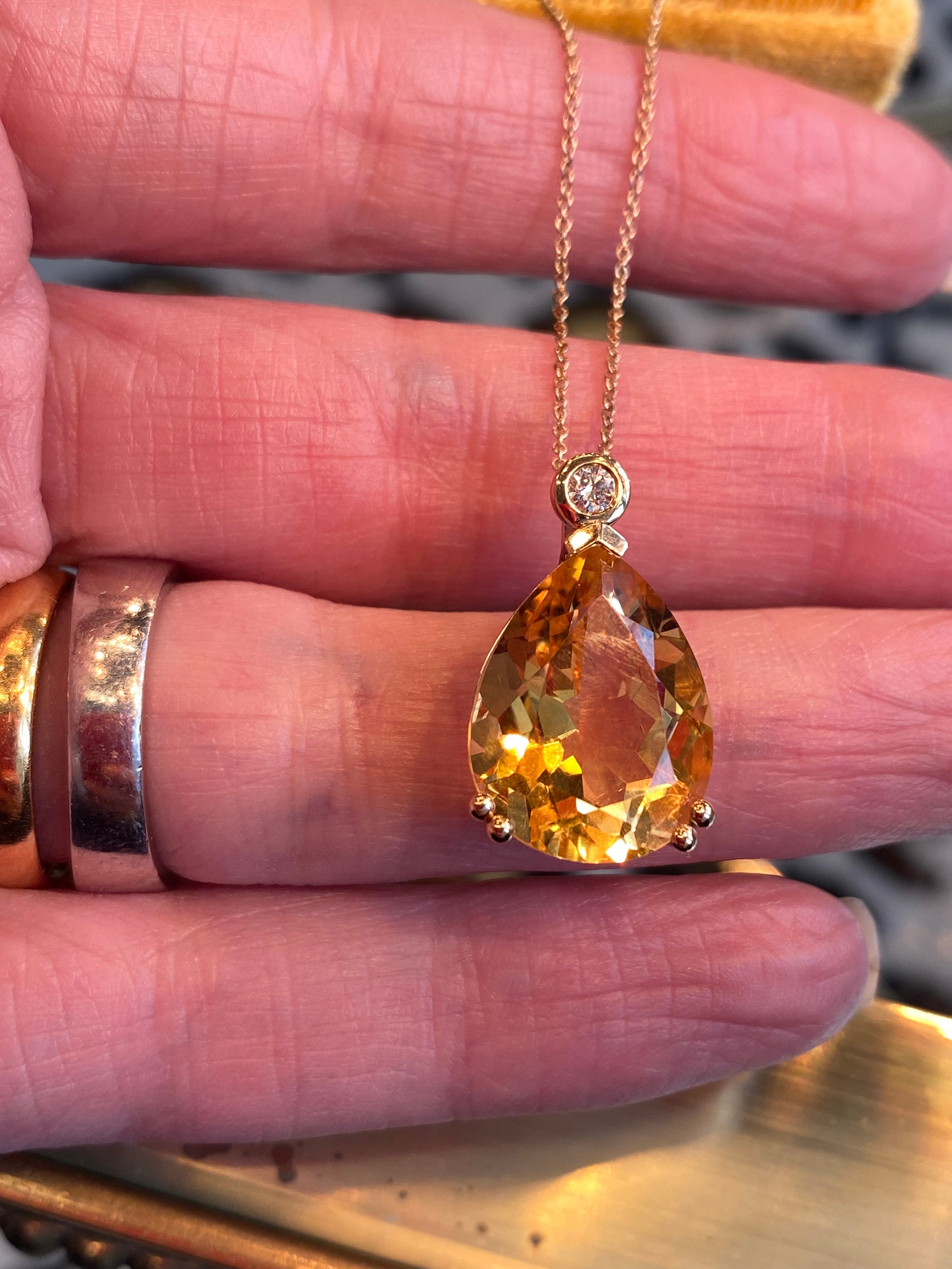 9.50 Carat Citrine and Natural Diamond Pendant Necklace in 9ct Yellow Gold