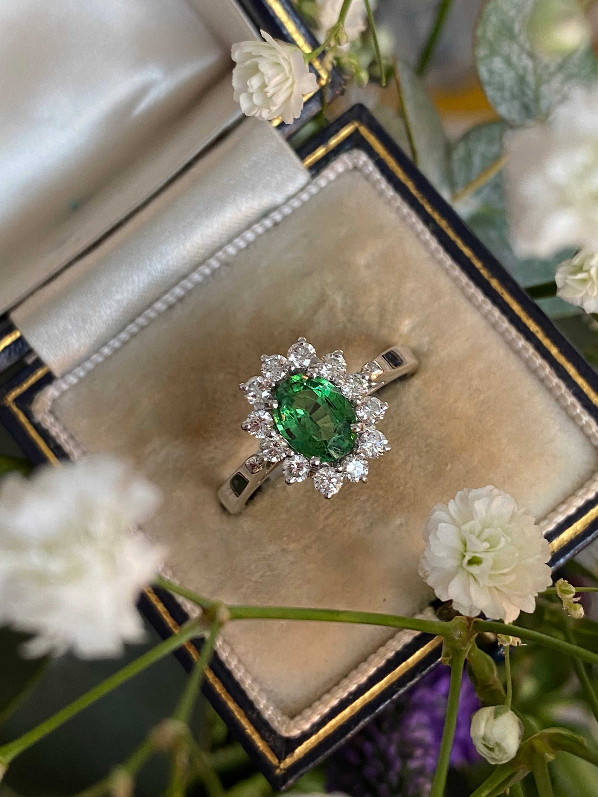 1.50 CTW Tsavorite Garnet and Diamond Halo Engagement Ring in 18ct White Gold