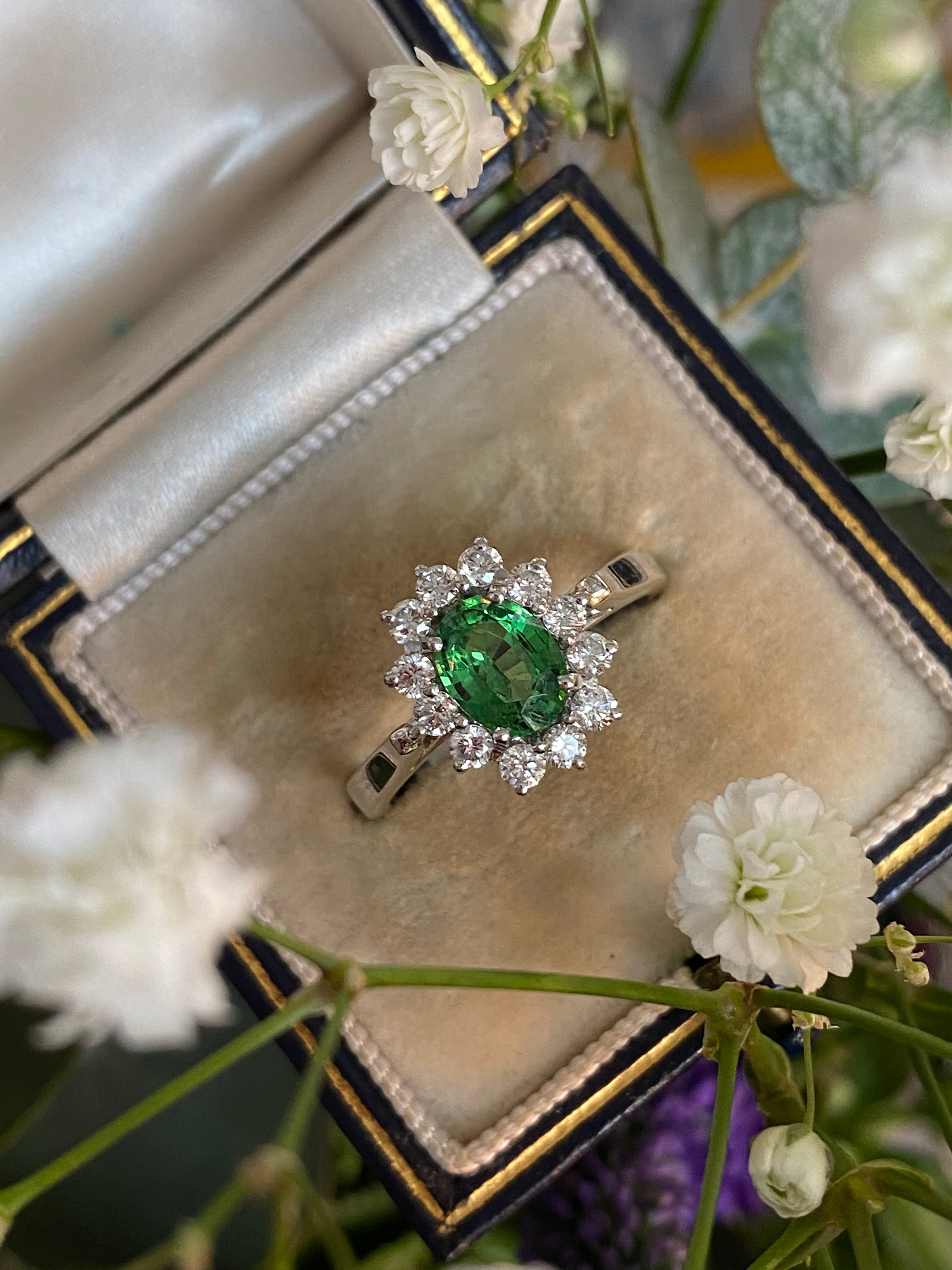 1.50 CTW Tsavorite Garnet and Diamond Halo Engagement Ring in 18ct White Gold