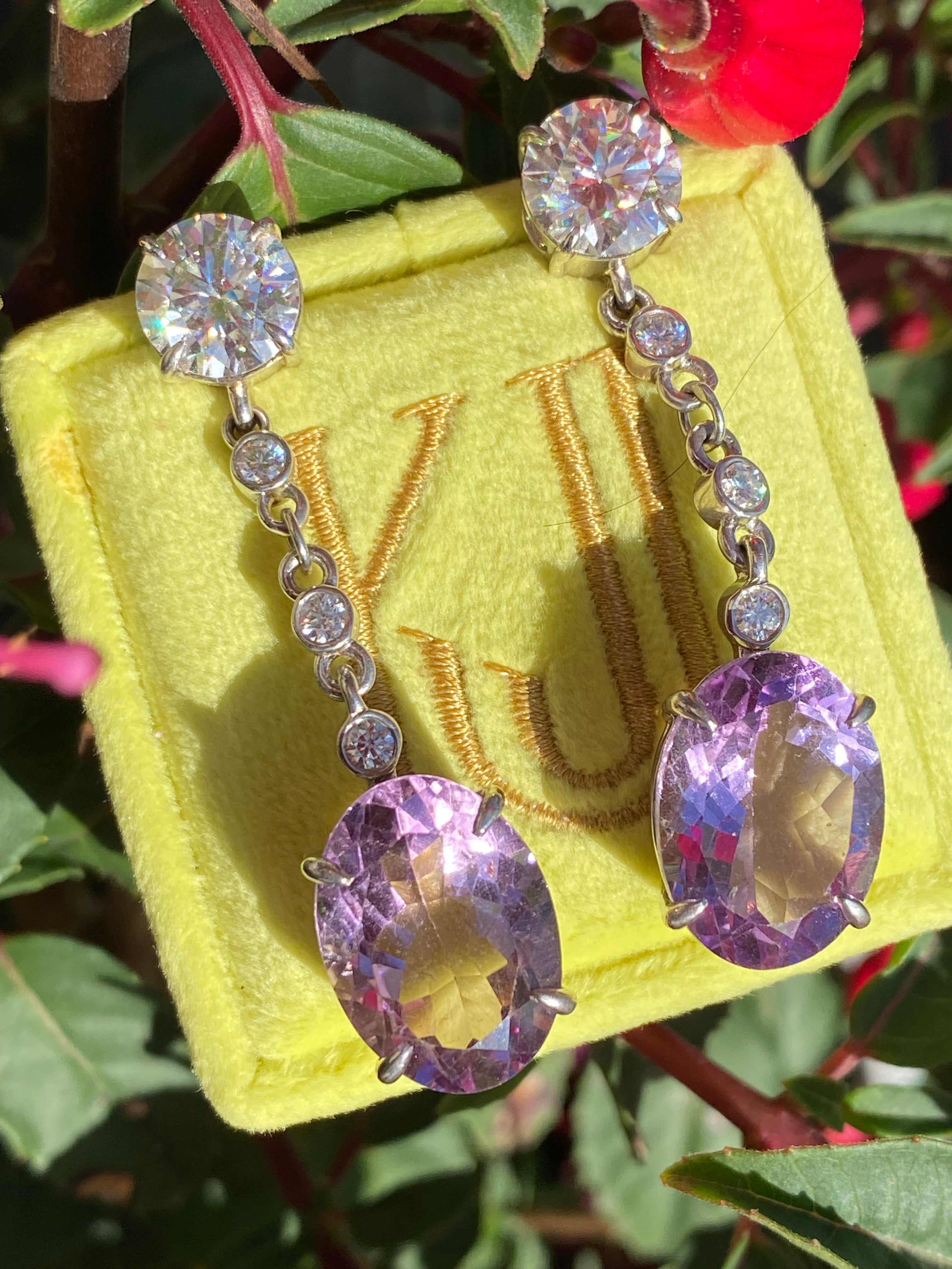 28.00 Carat Oval Cut Rose de France Amethyst and Moissanite Earrings in Sterling Silver
