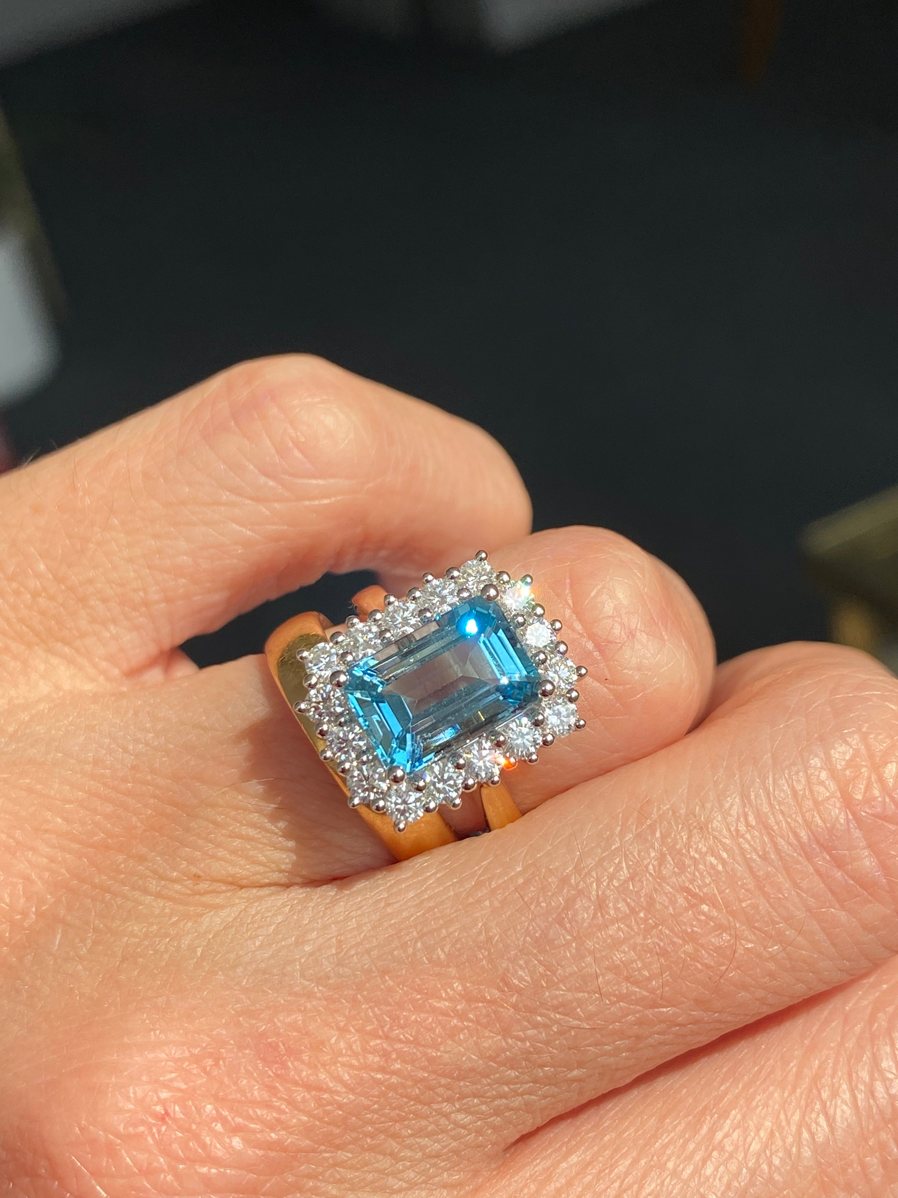 3.05 Carat Aquamarine and 0.89ctw Natural Diamond Halo Ring in Platinum and 18ct Yellow Gold