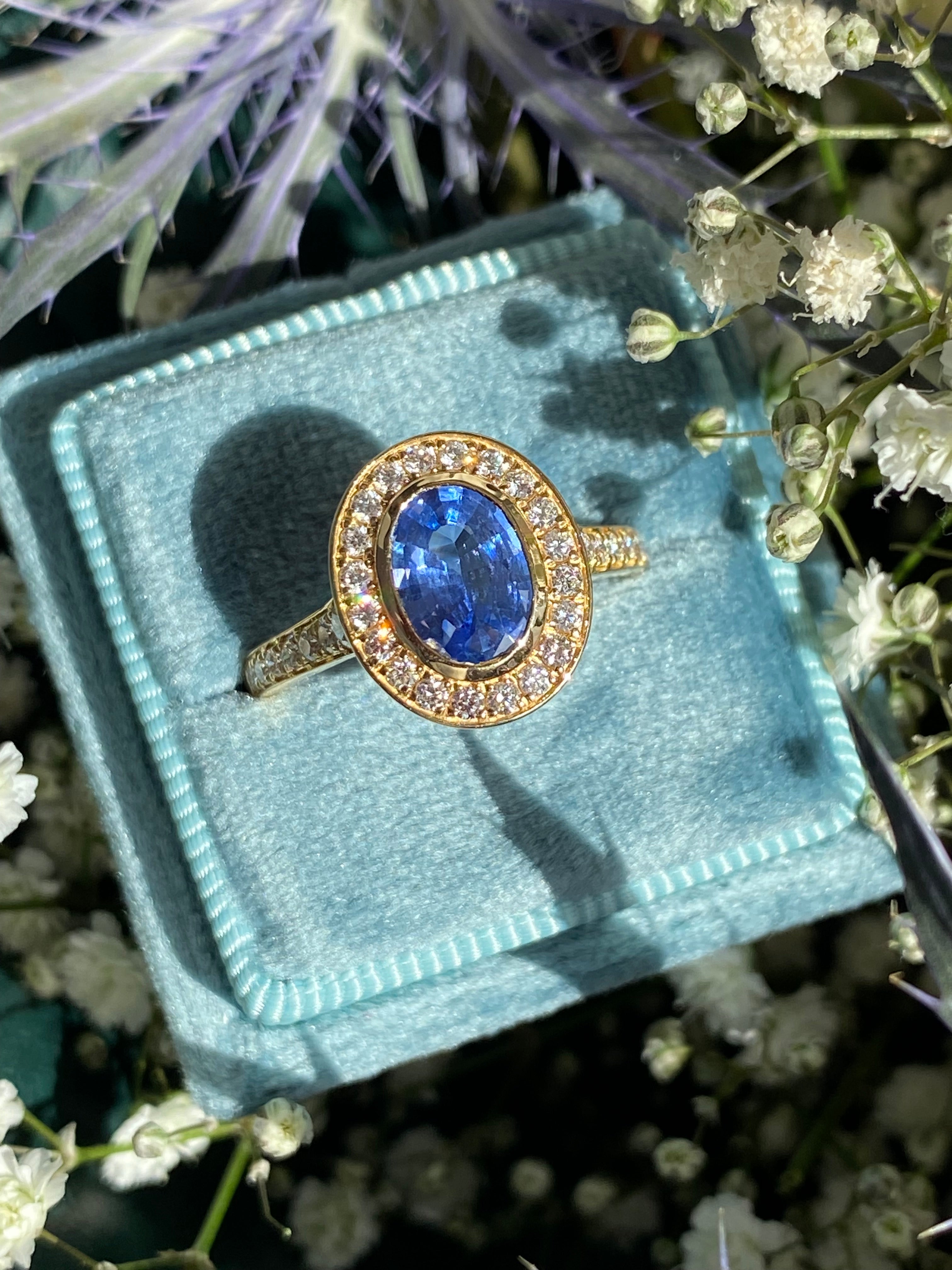 1.64 CTW Violet Sapphire and Natural Diamond Halo Ring in 18ct Yellow Gold