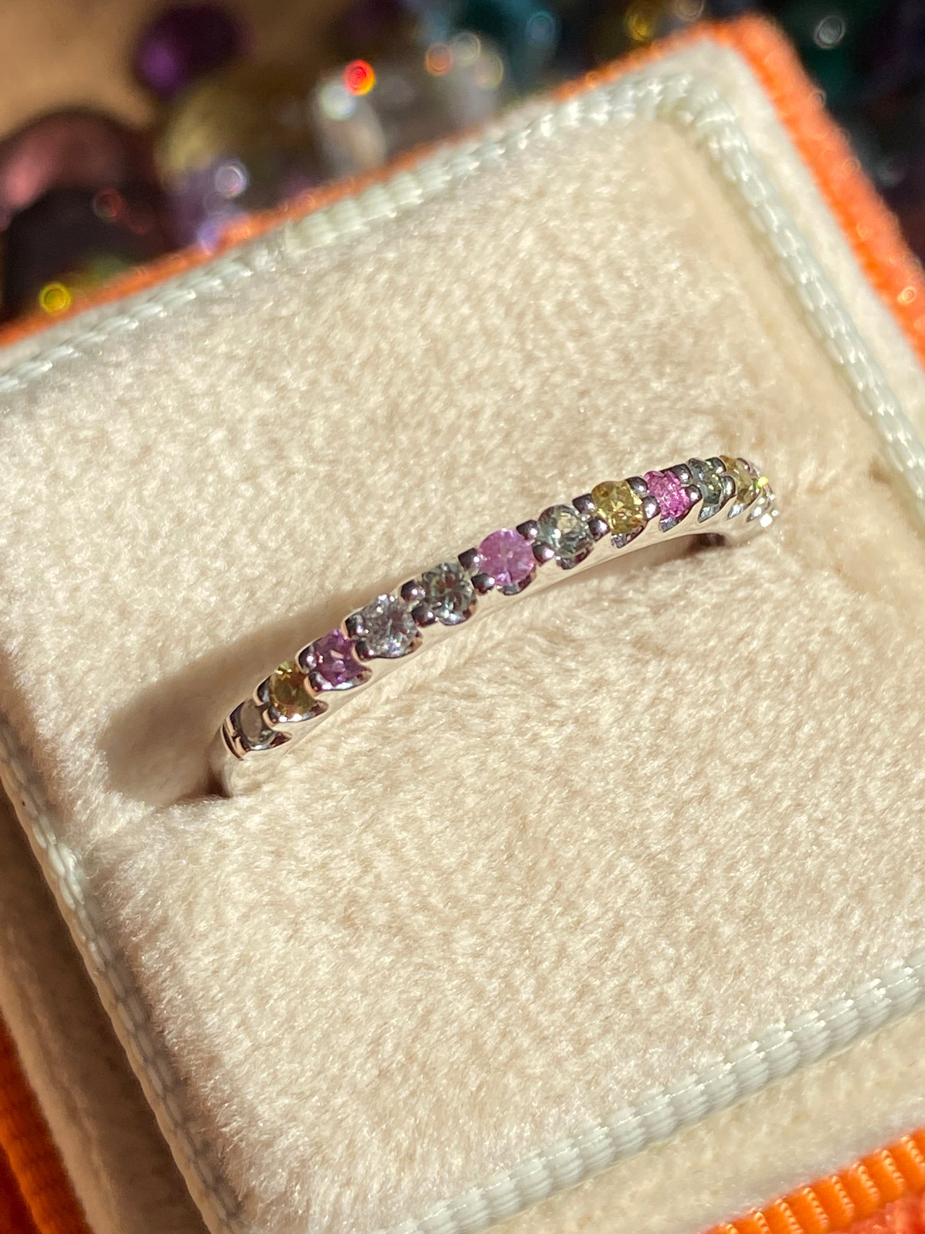 0.37 CTW Sweetshop Yellow, Pink, and Green Sapphire, and Natural Diamond Eternity Ring in 18ct White Gold