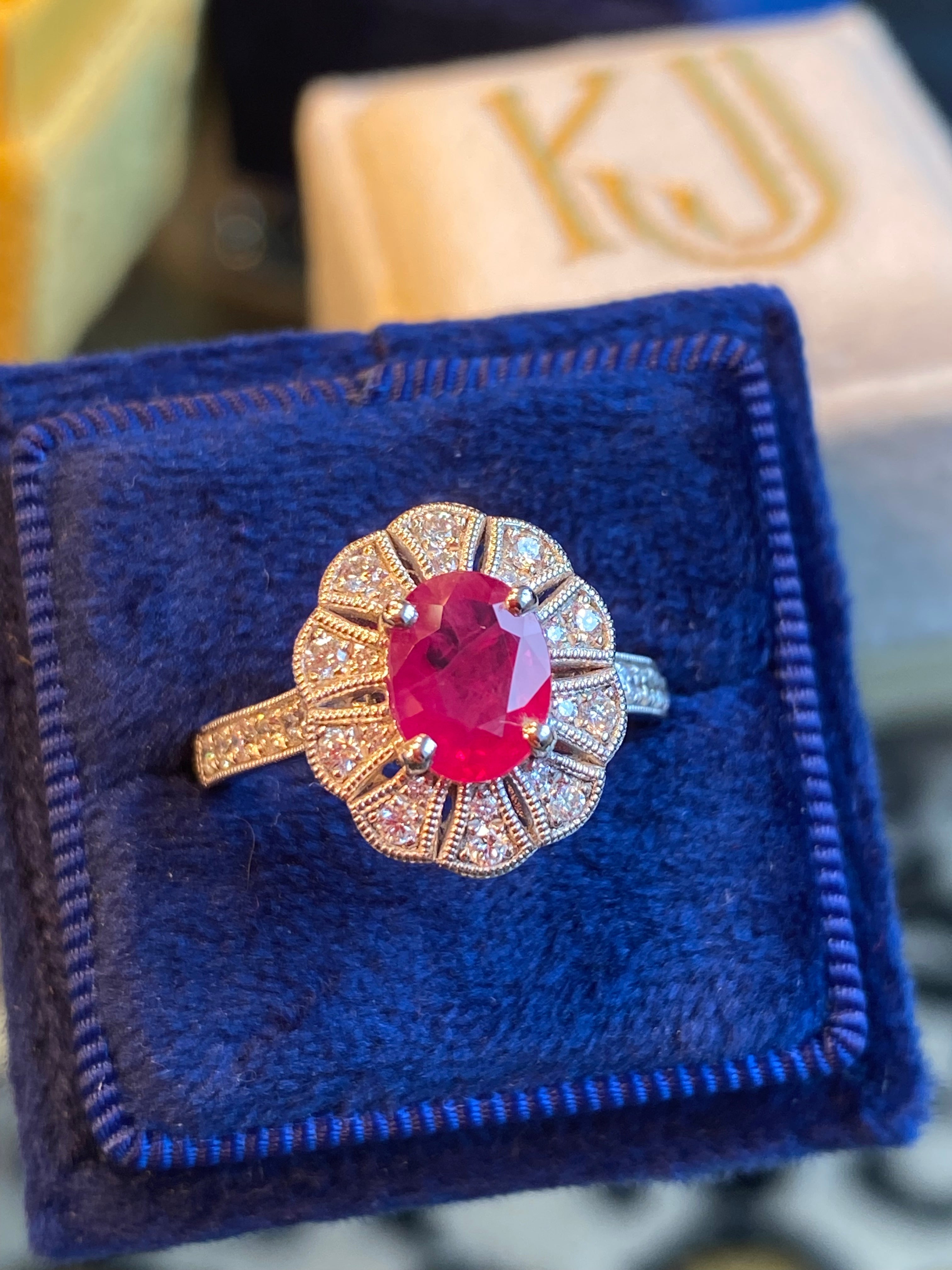 1.71 CTW Oval Cut Ruby and Diamond Art Deco Style Ring in Platinum