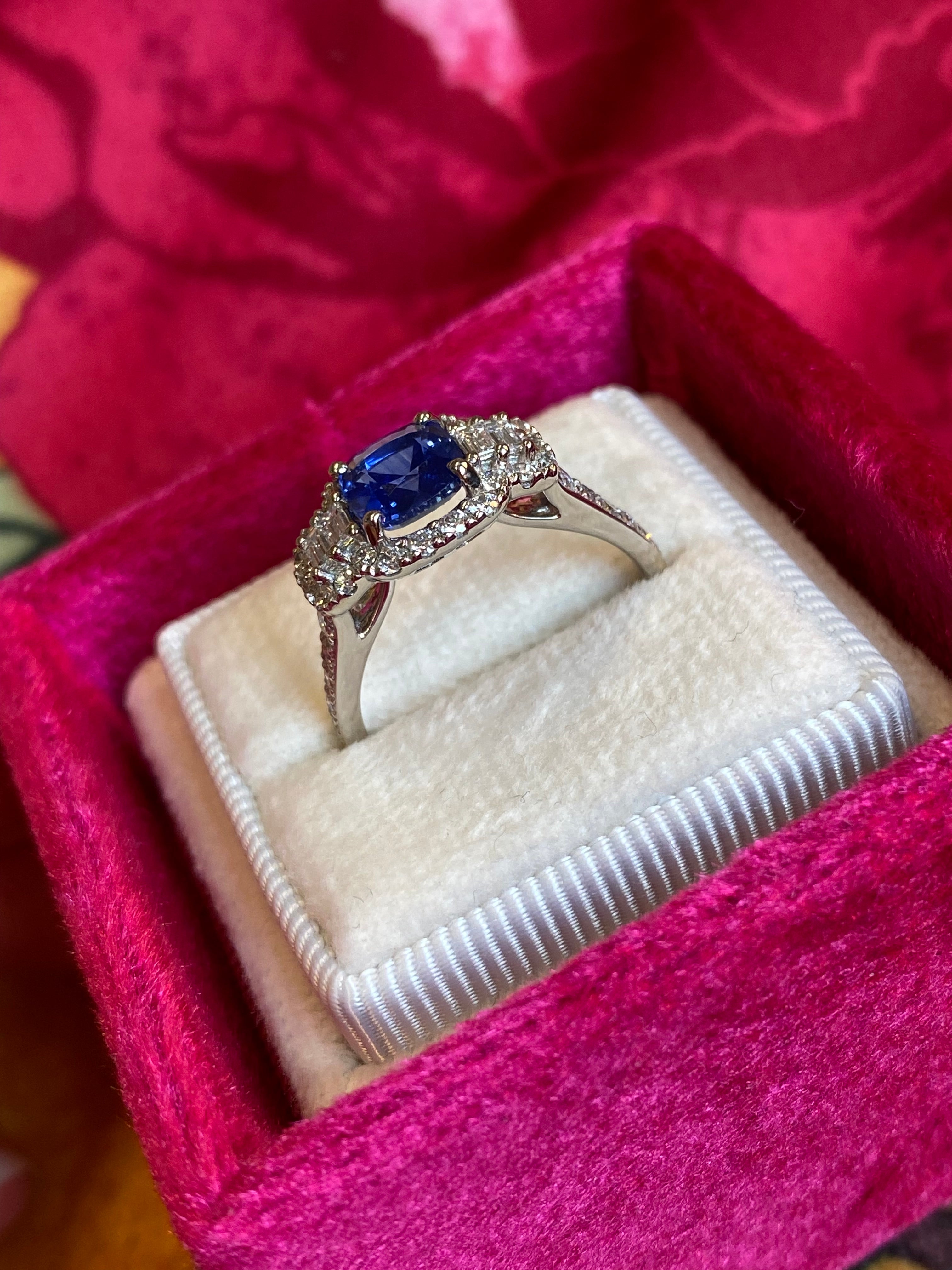 1.83 CTW Blue Ceylon Sapphire and Natural Diamond Three Stone Engagement Ring in Platinum