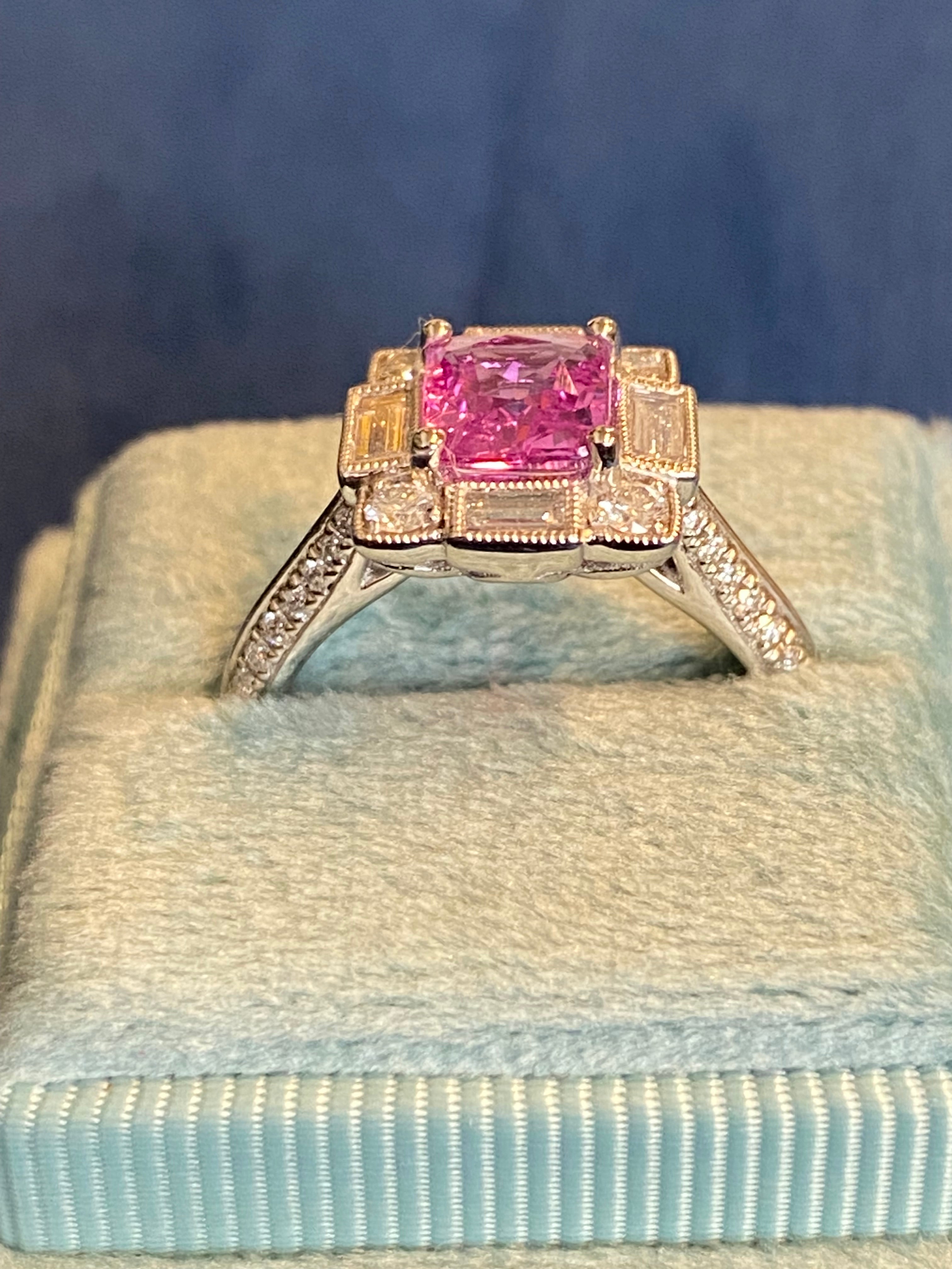 Candy Pink Sapphire Art Deco Style Ring in Platinum