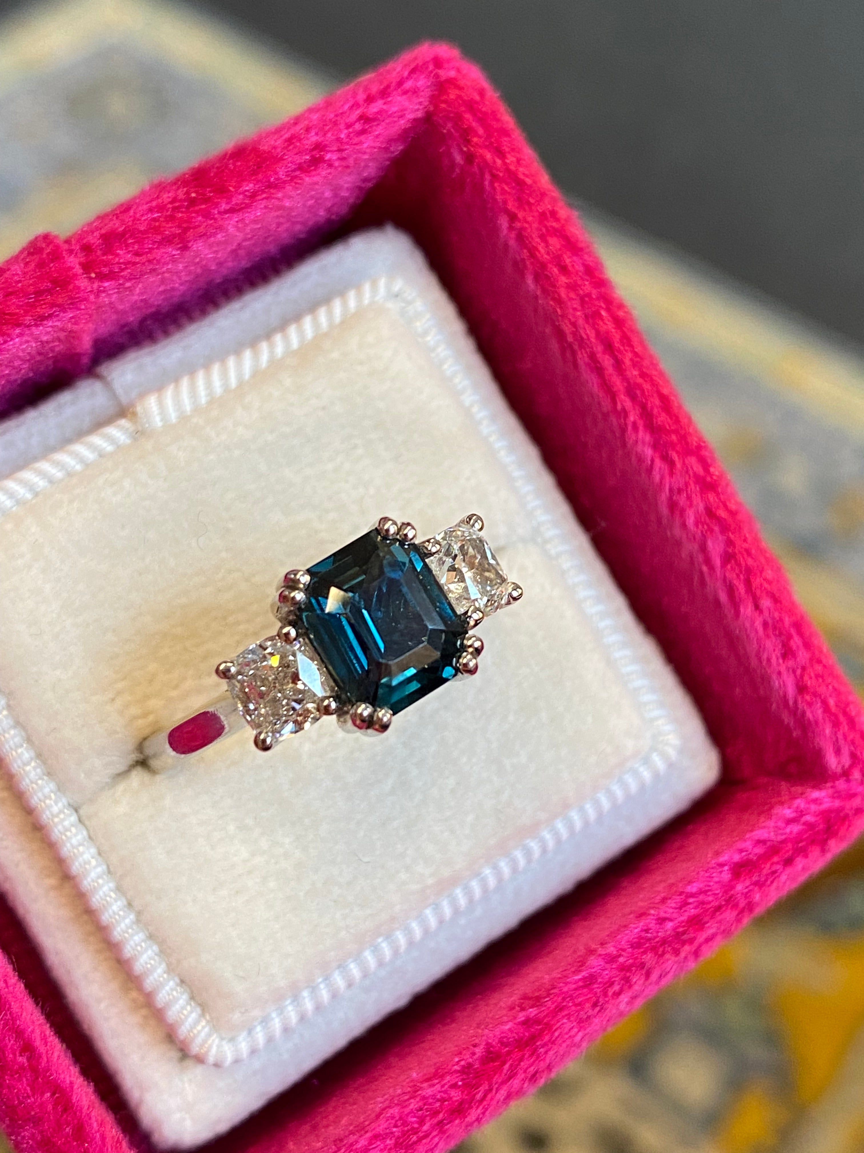 2.42 Carat Teal Sapphire and 0.97 CTW Natural Diamond Three Stone Ring in Platinum