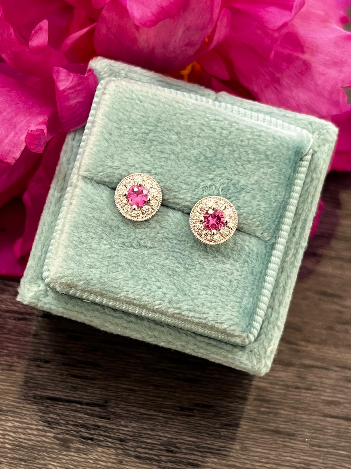 Pink Sapphire and Natural Diamond Halo Stud Earrings in 18ct White Gold