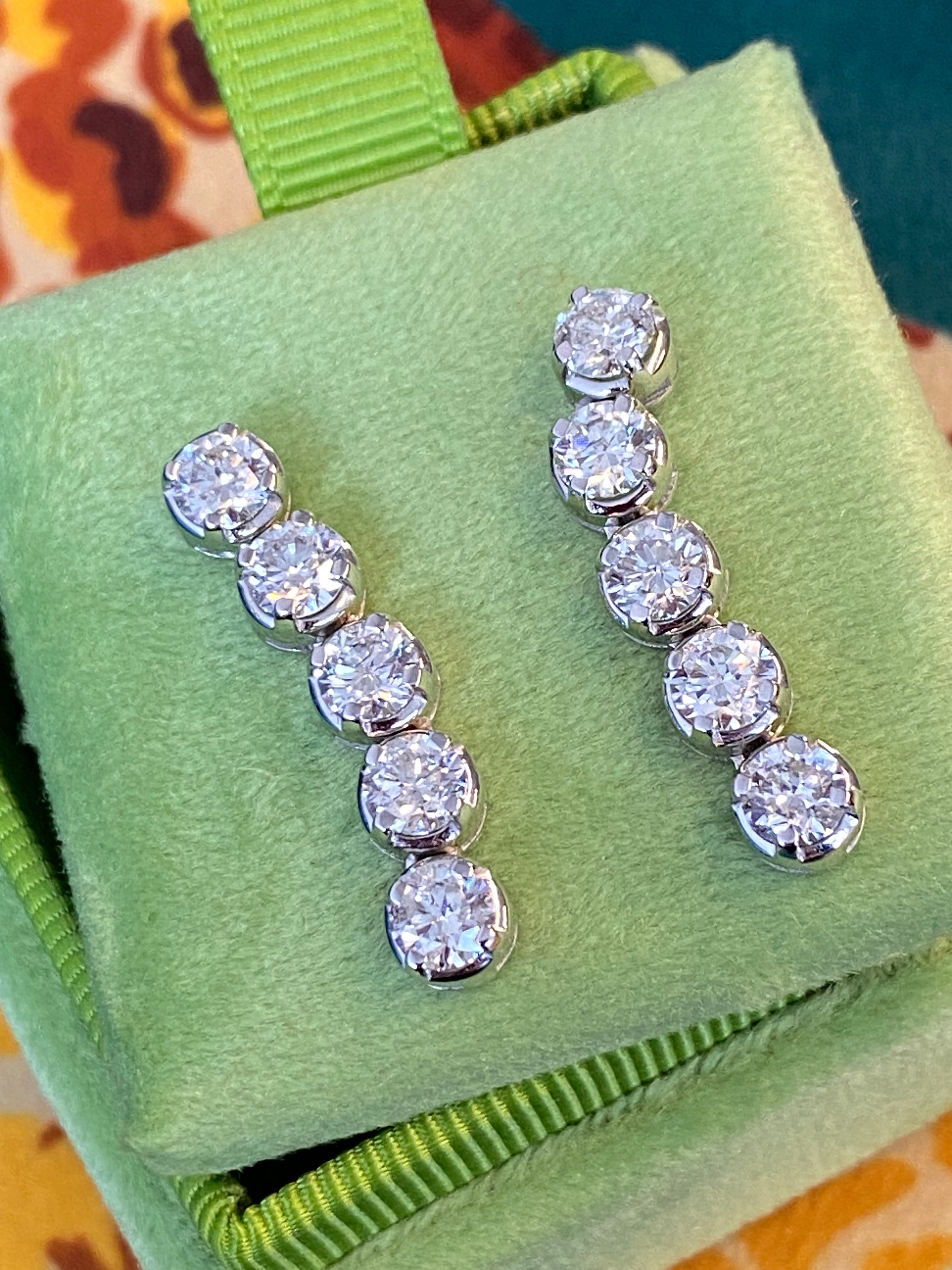 Spectacular 3.00 Carat Natural Diamond Five Stone Drop Earrings in 18ct White Gold