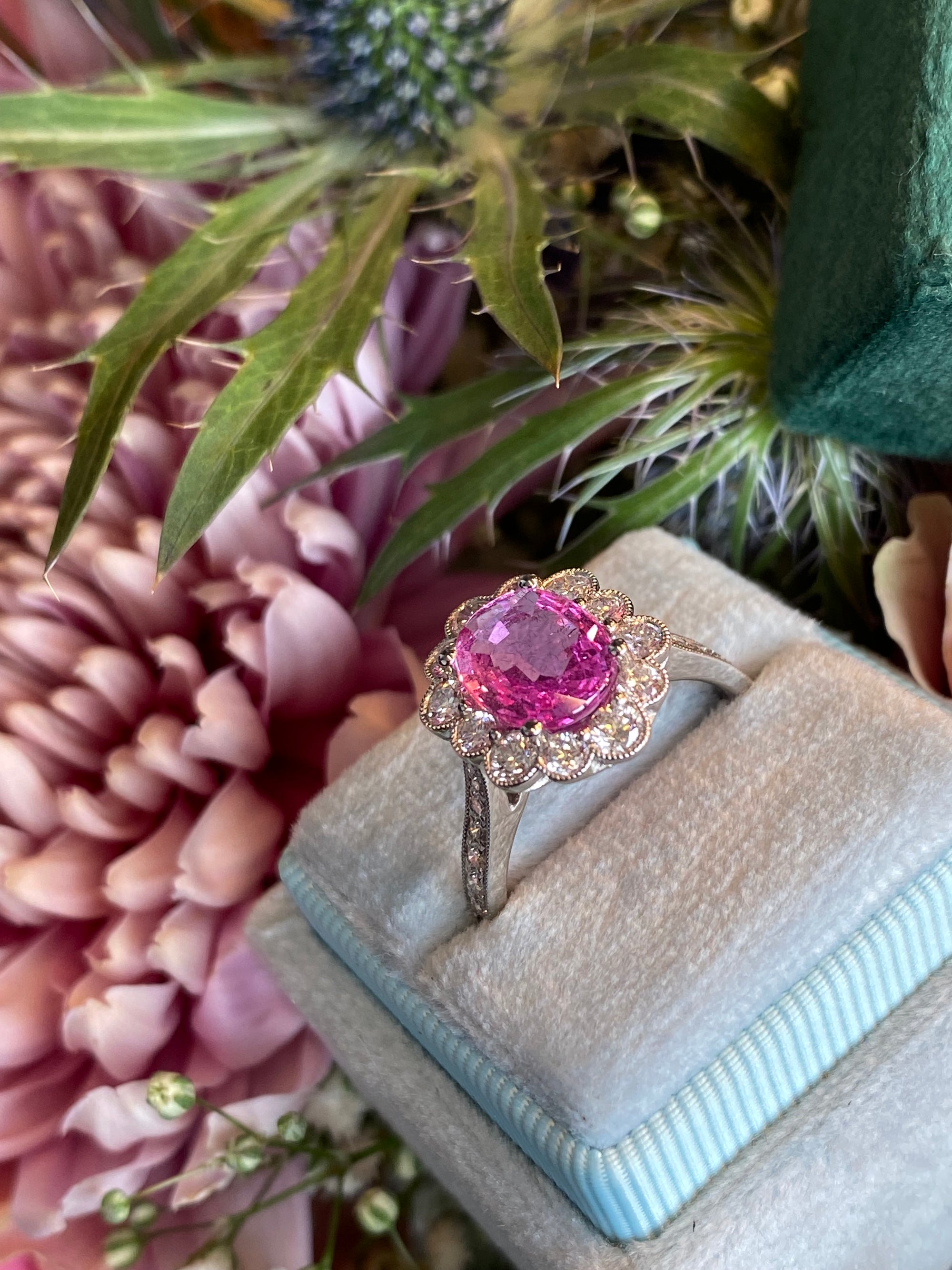 2.92 CTW Oval Cut Pink Sapphire and Natural Diamond Halo Engagement Ring in Platinum