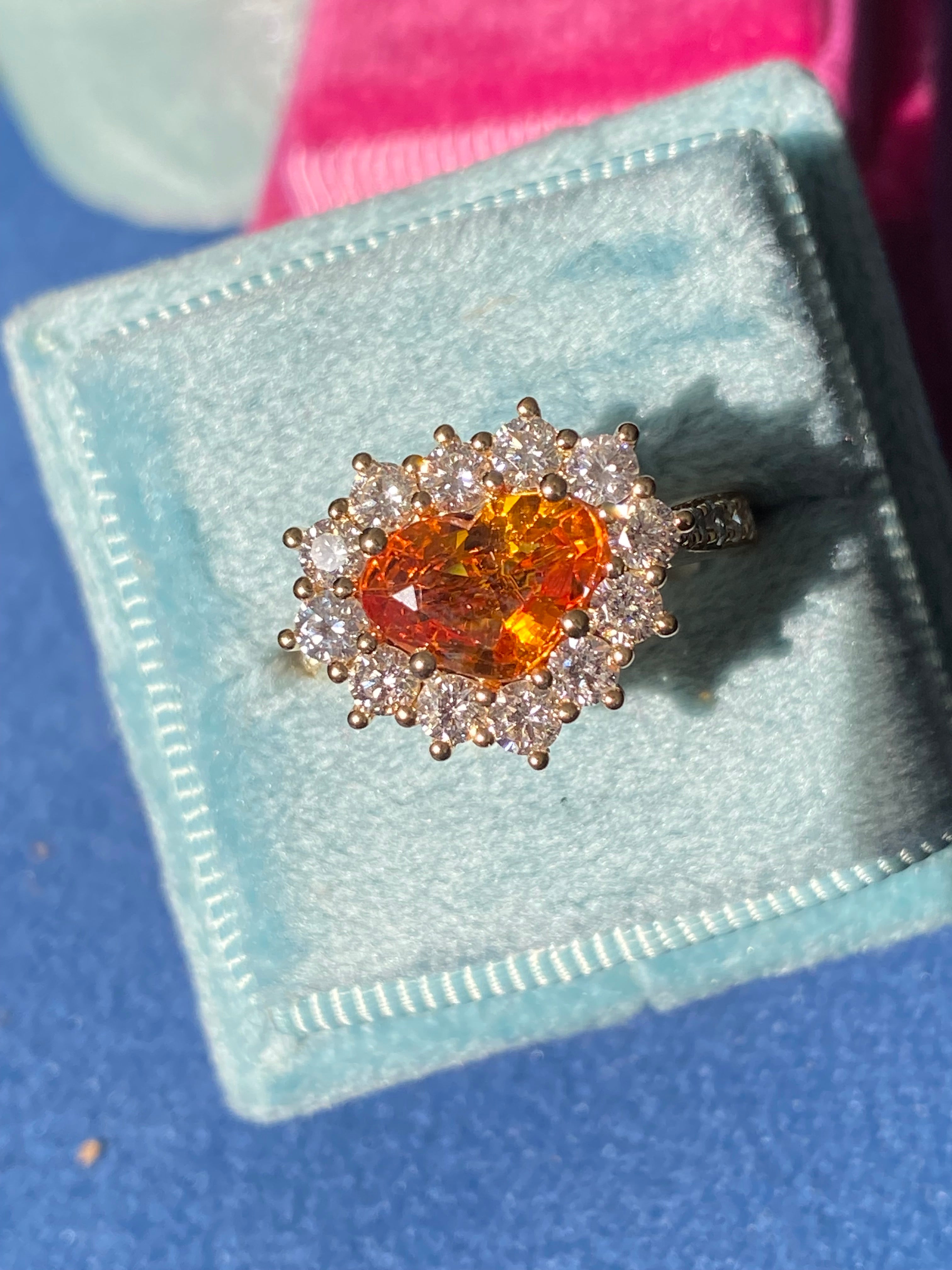 2.86 CTW Heart Shape Orange Sapphire and Natural Diamond Ring in 18ct Yellow Gold