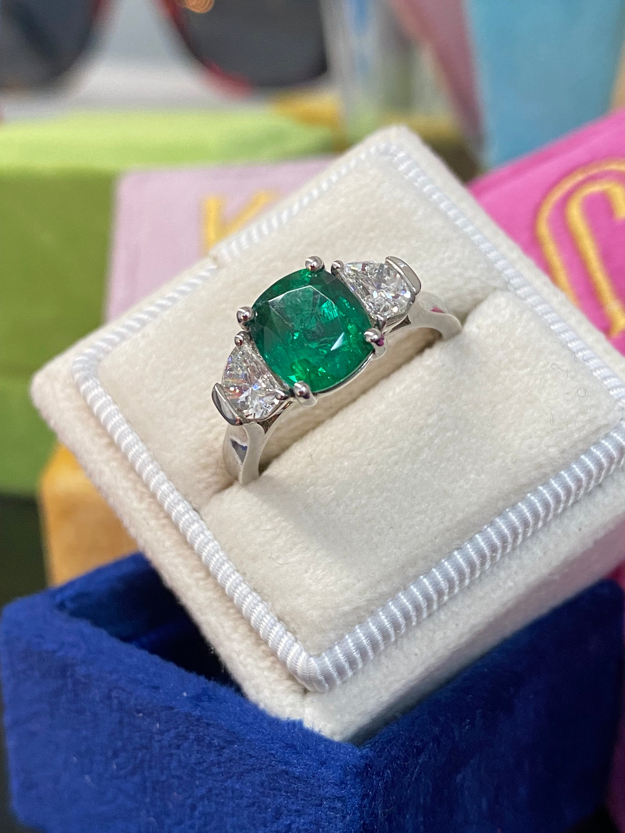 2.77 CTW Colombian Emerald and Natural Diamond Three Stone Engagement Ring Platinum
