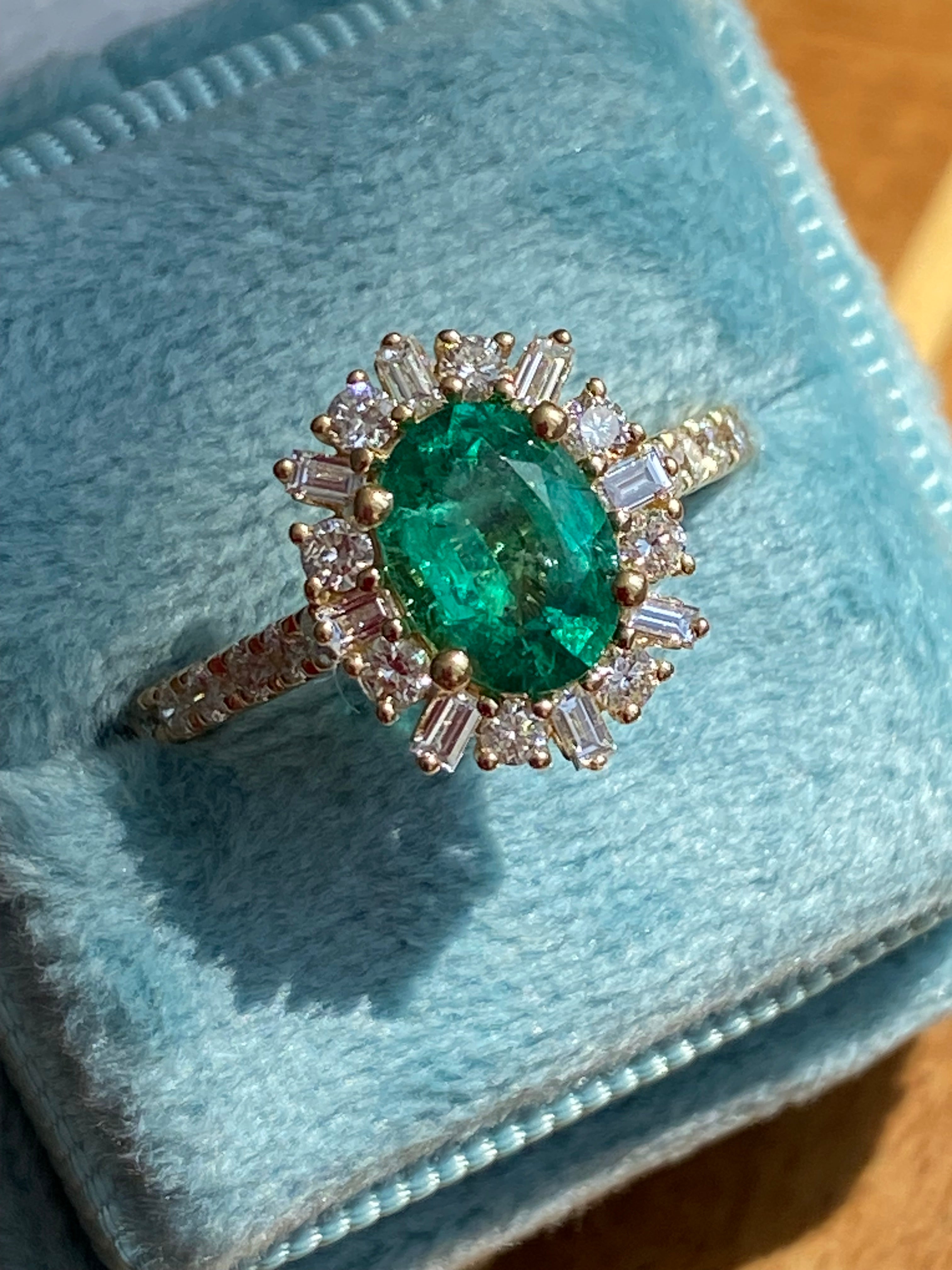 1.76 CTW Oval Cut Emerald and Natural Diamond Ring in 18ct Yellow Gold