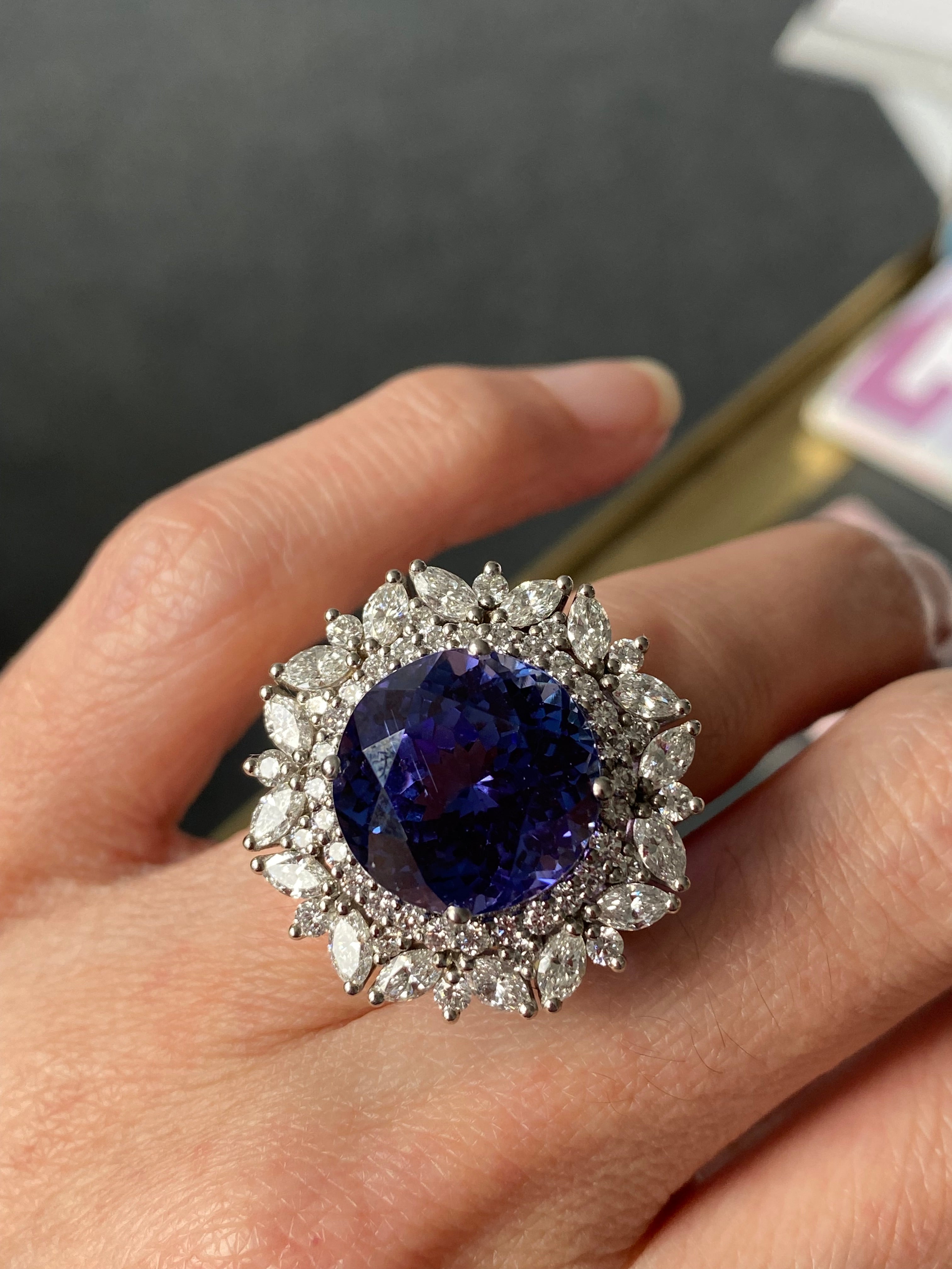 15.96 Carat Round Cut Tanzanite and 2.88ctw Natural Diamond Cocktail Ring in Platinum