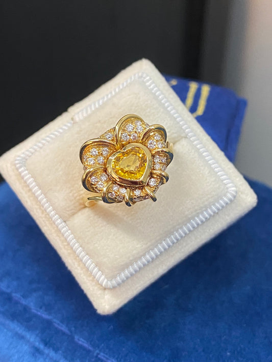 Vintage Yellow Sapphire and Natural Diamond Halo Ring in 18ct Yellow Gold