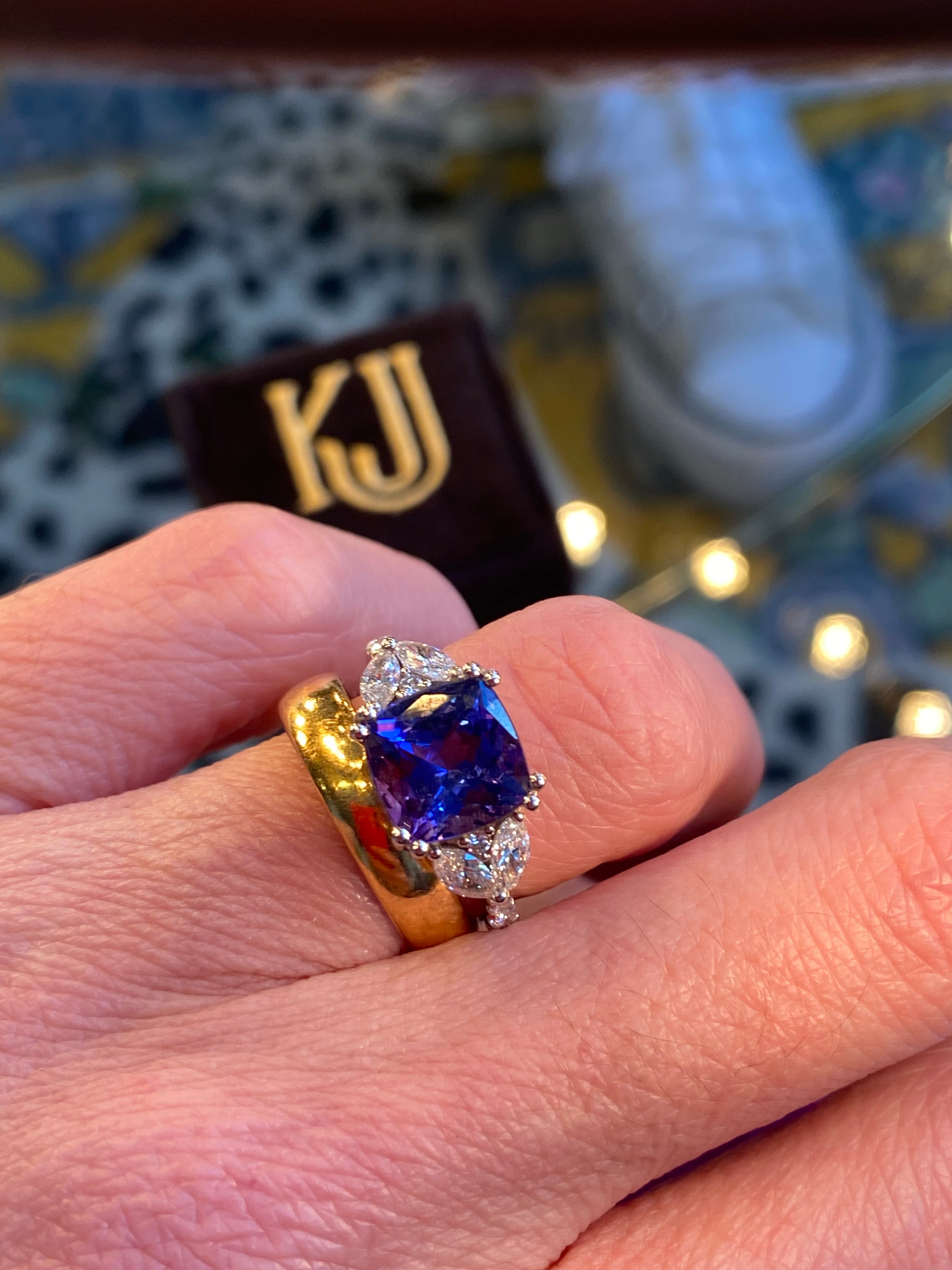 3.76 CTW Cushion Cut Tanzanite and Diamond Ring in Platinum