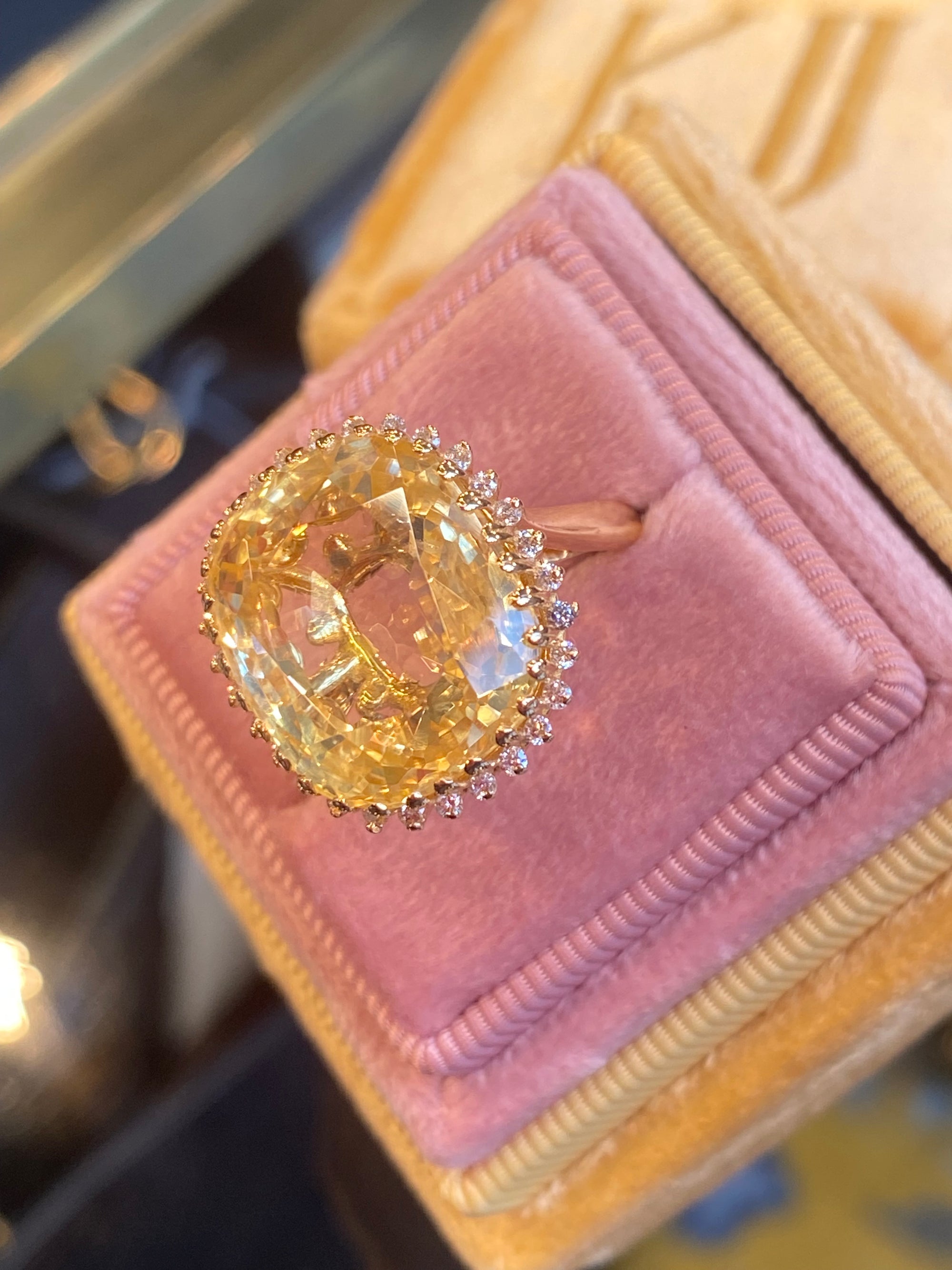 Masterpiece 19.23 Carat Certified Antique Unheated Yellow Sapphire and Diamond Ring
