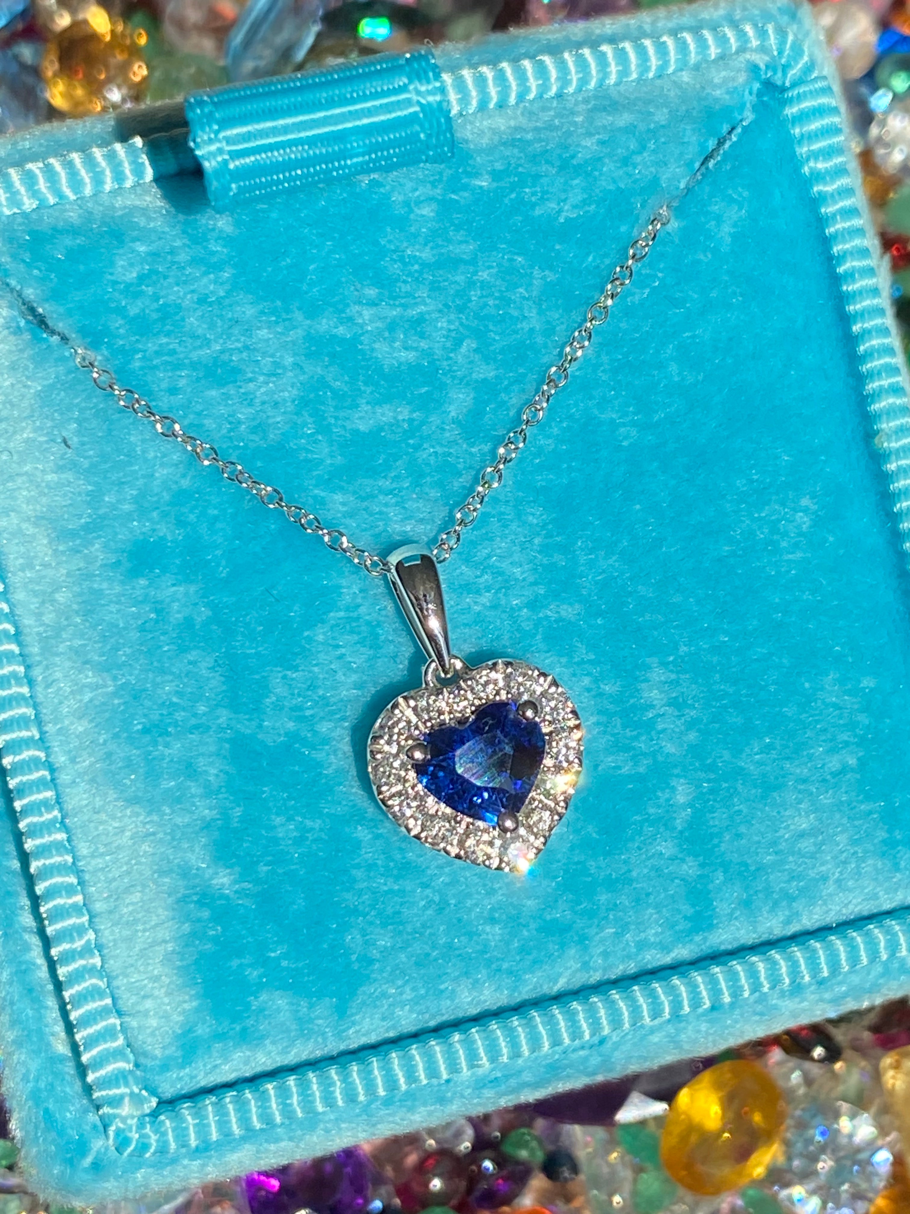 1.11 CTW Heart Shaped Ceylon Sapphire and Natural Diamond Pendant Necklace in 18ct White Gold