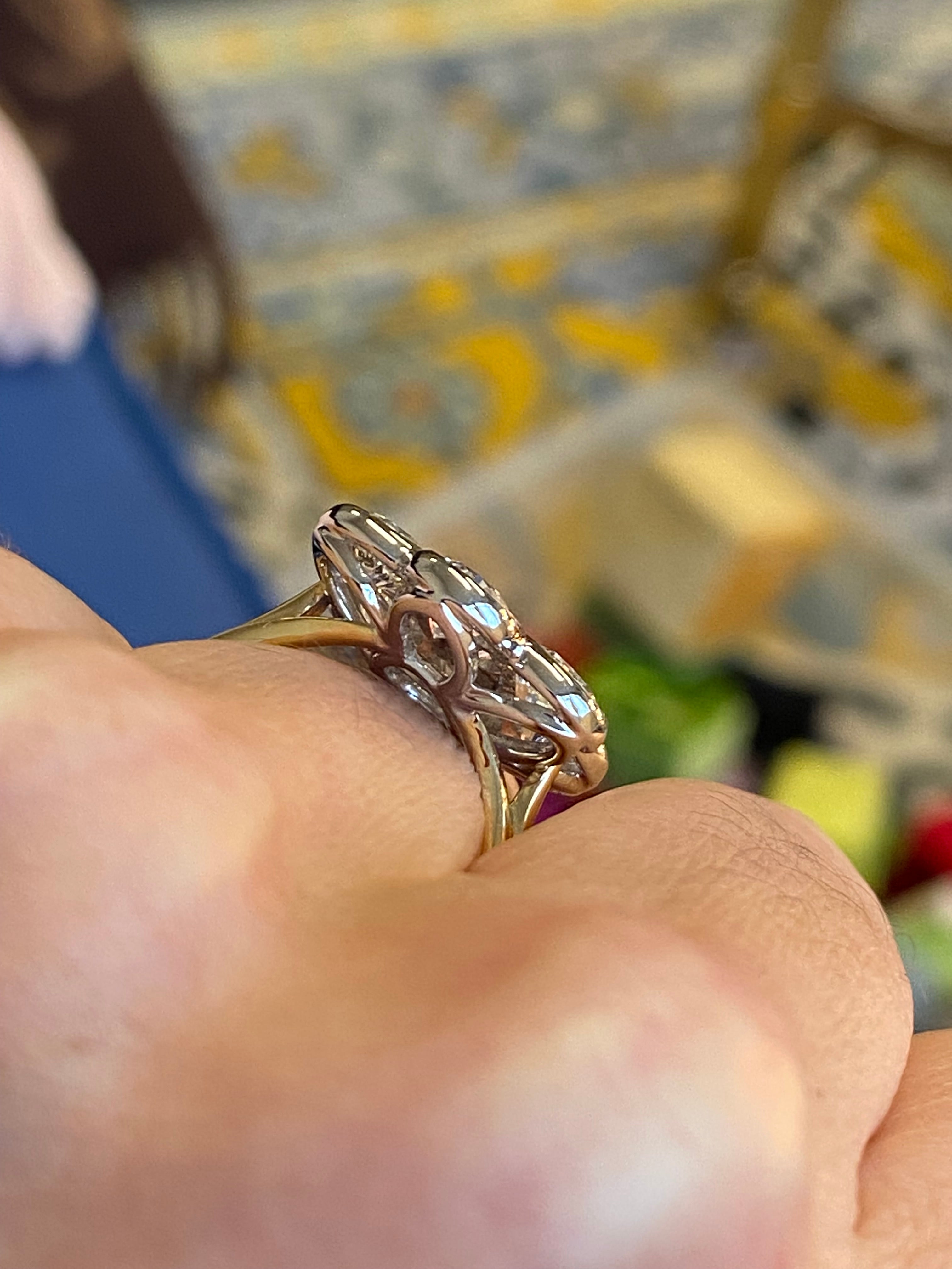 Vintage 4.07 CTW Natural Diamond Daisy Cluster Ring in Platinum and 18ct Yellow Gold