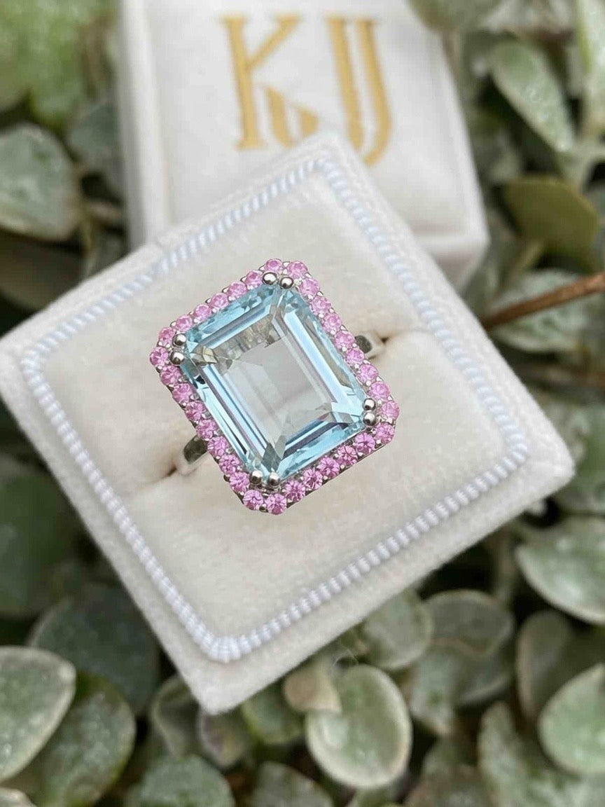 6.50 CTW Blue Topaz and Pink Tourmaline Halo Ring in Sterling Silver