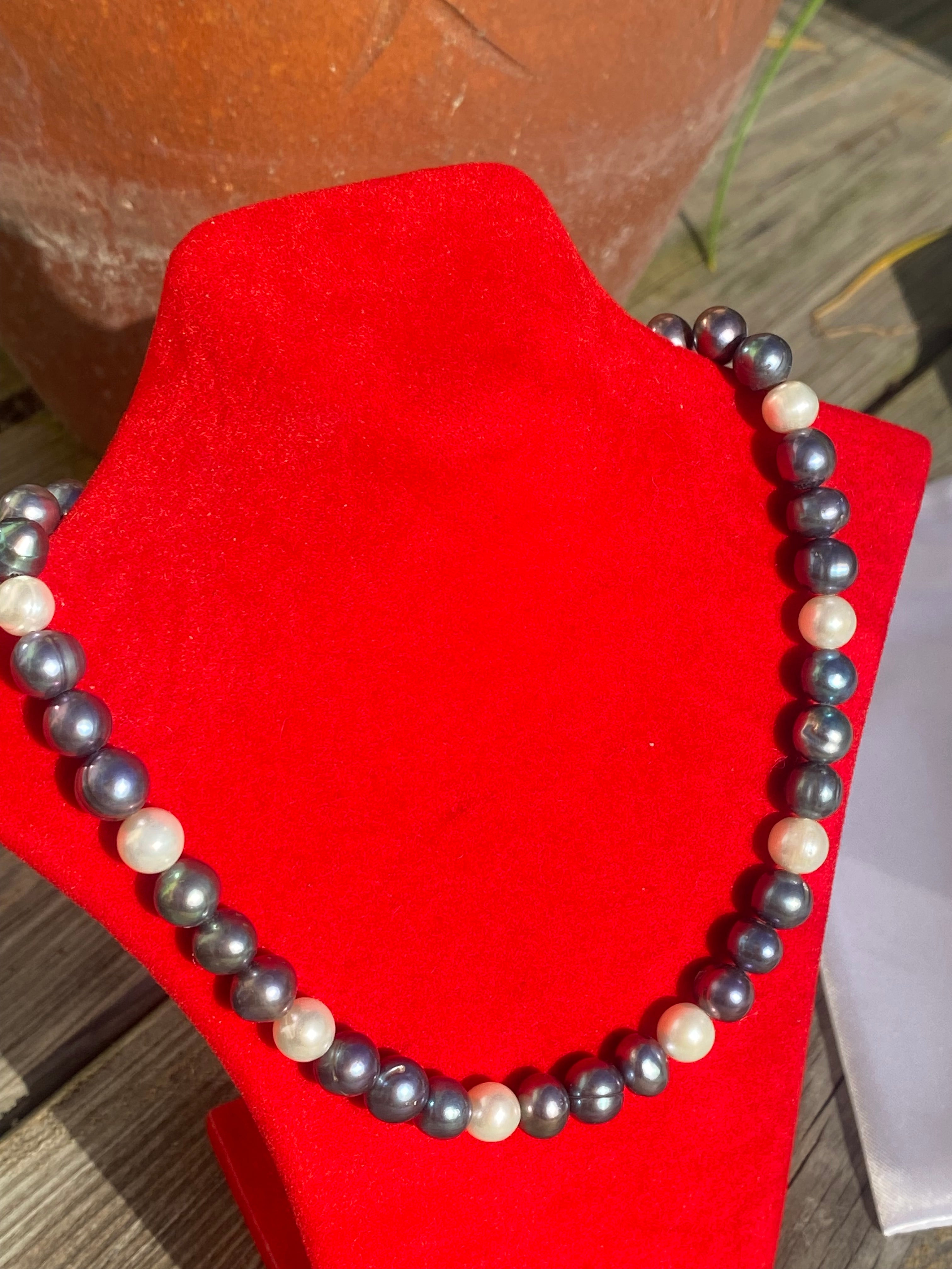 Vintage Black and White Freshwater Pearl Necklace with Sterling Silver Clasp