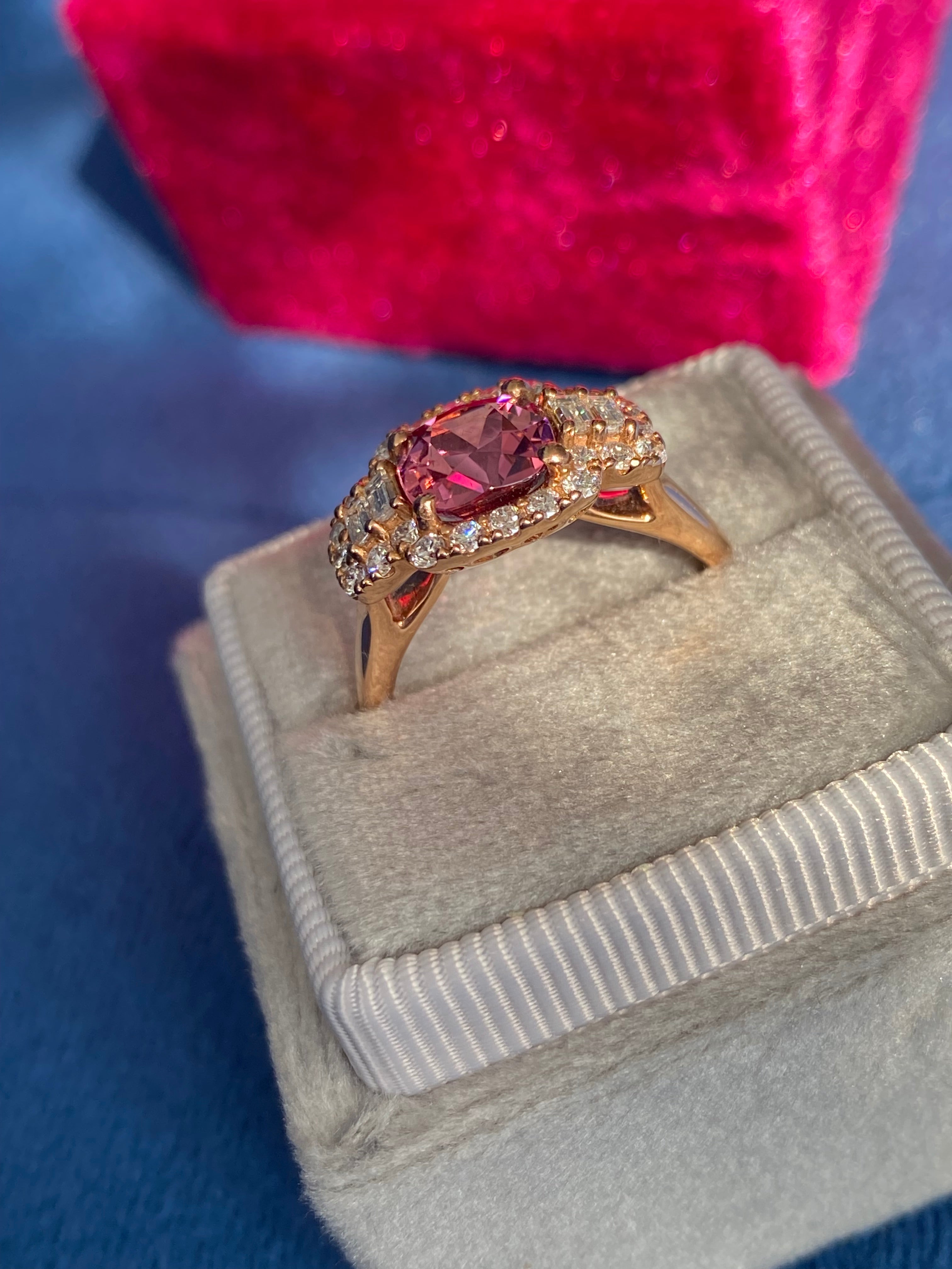 2.02 CTW Pink Tourmaline and Natural Diamond Three Stone Halo Ring in 18ct Rose Gold