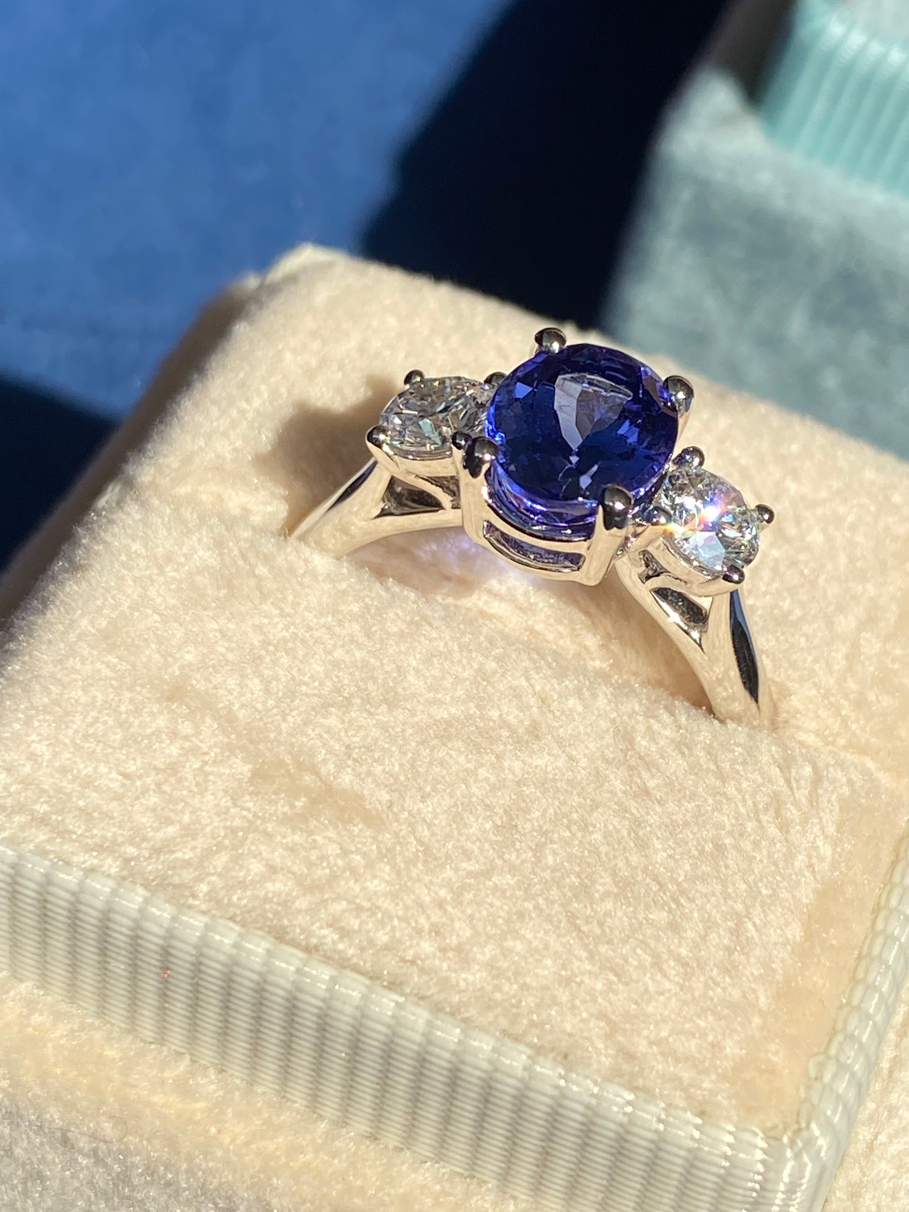 2.08 CTW Tanzanite and Natural Diamond Three Stone Ring in Platinum