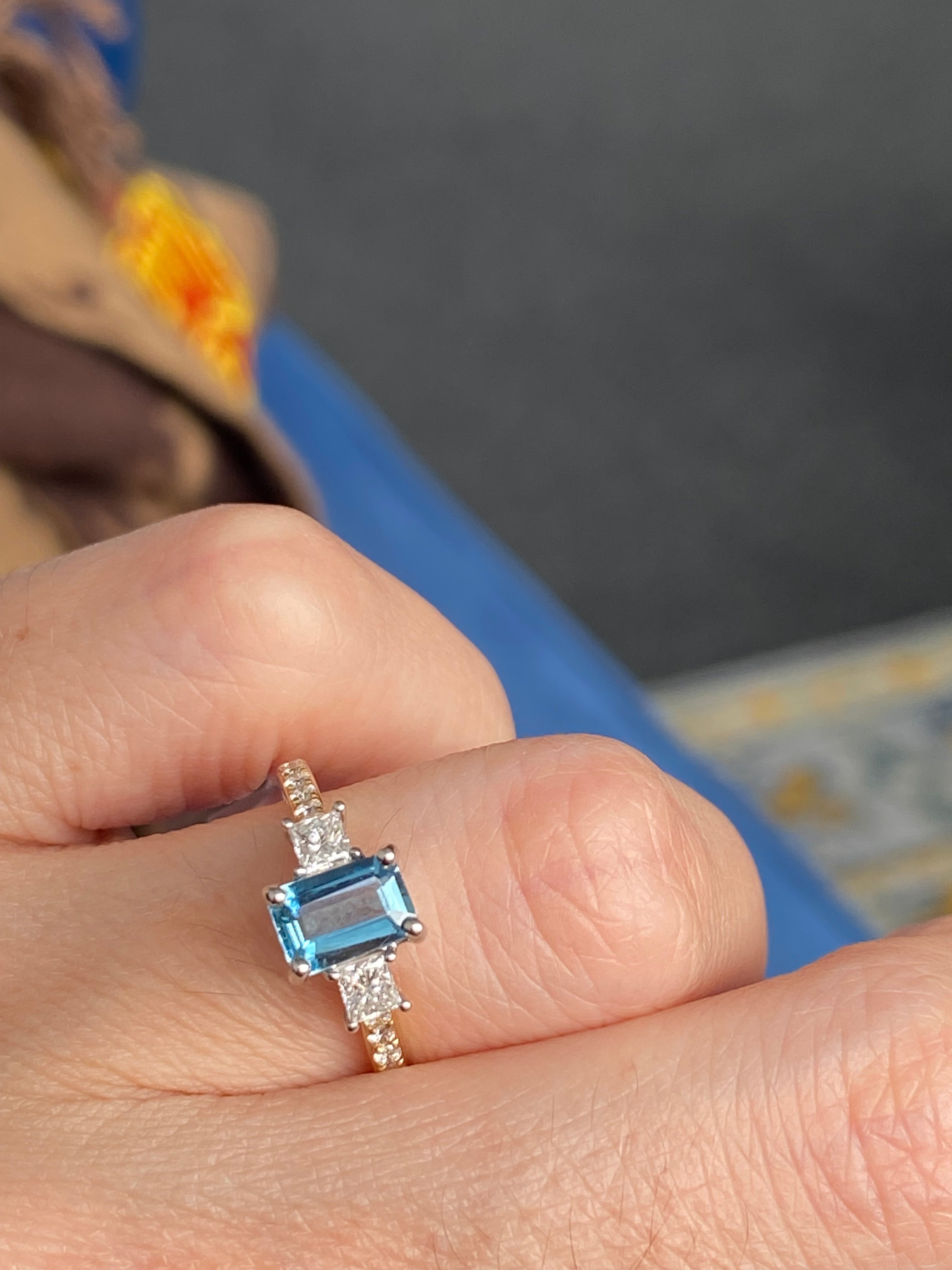 1.18 CTW Aquamarine and Natural Diamond Three Stone Ring in Platinum and 18ct Yellow Gold