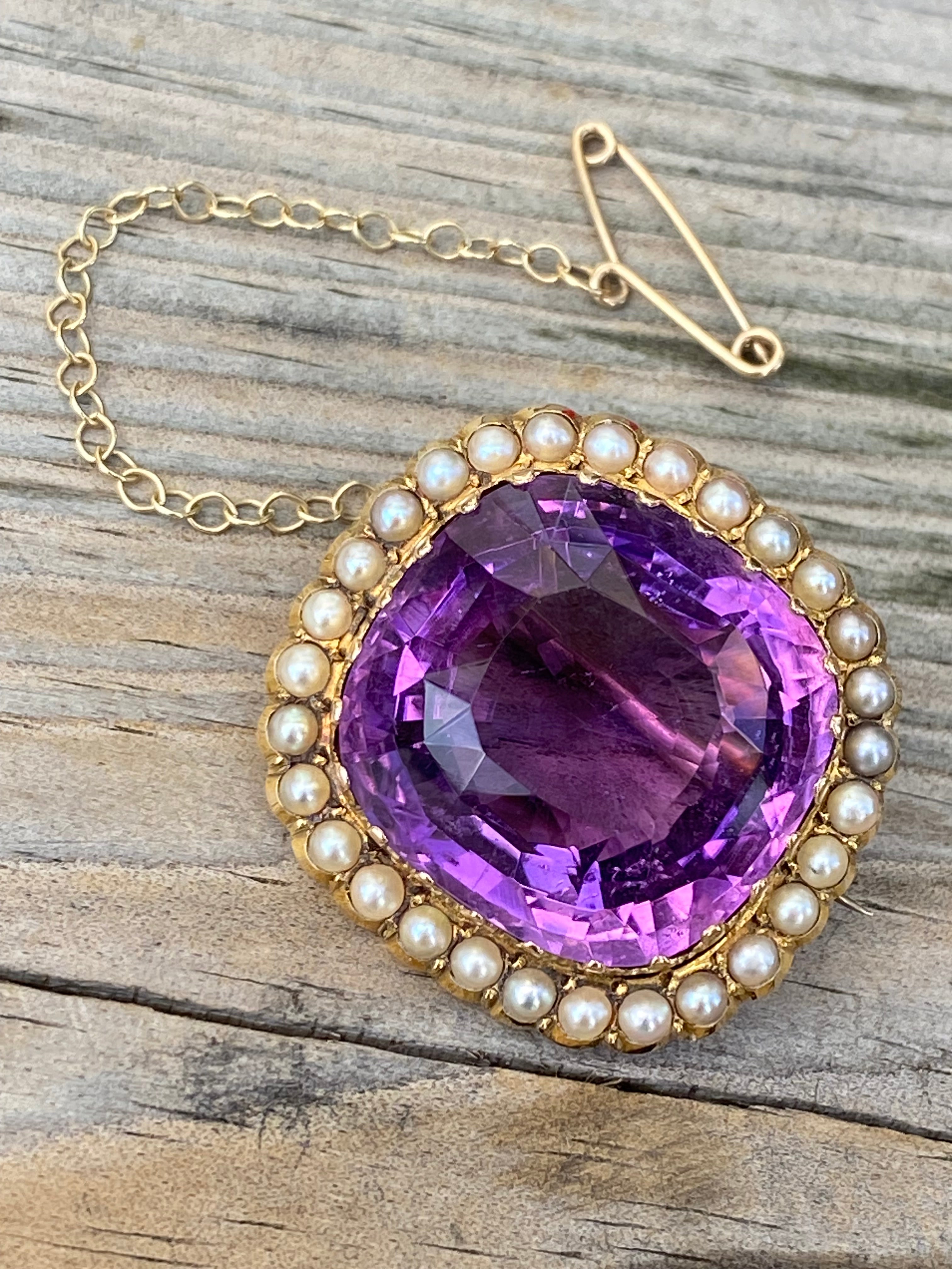 Antique 30.00ct Amethyst and Seed Pearl Brooch in 18ct Yellow Gold