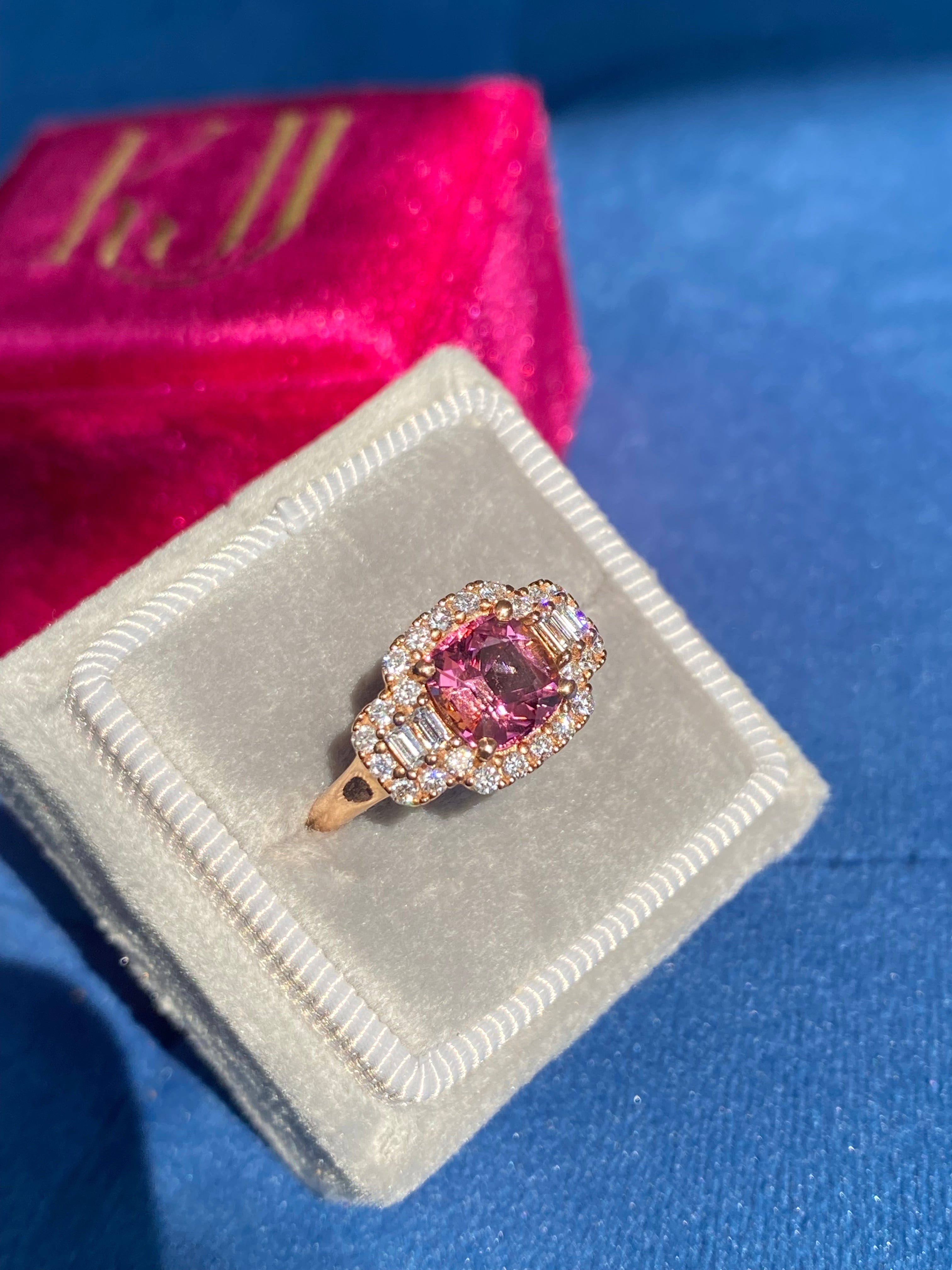 2.02 CTW Pink Tourmaline and Natural Diamond Three Stone Halo Ring in 18ct Rose Gold
