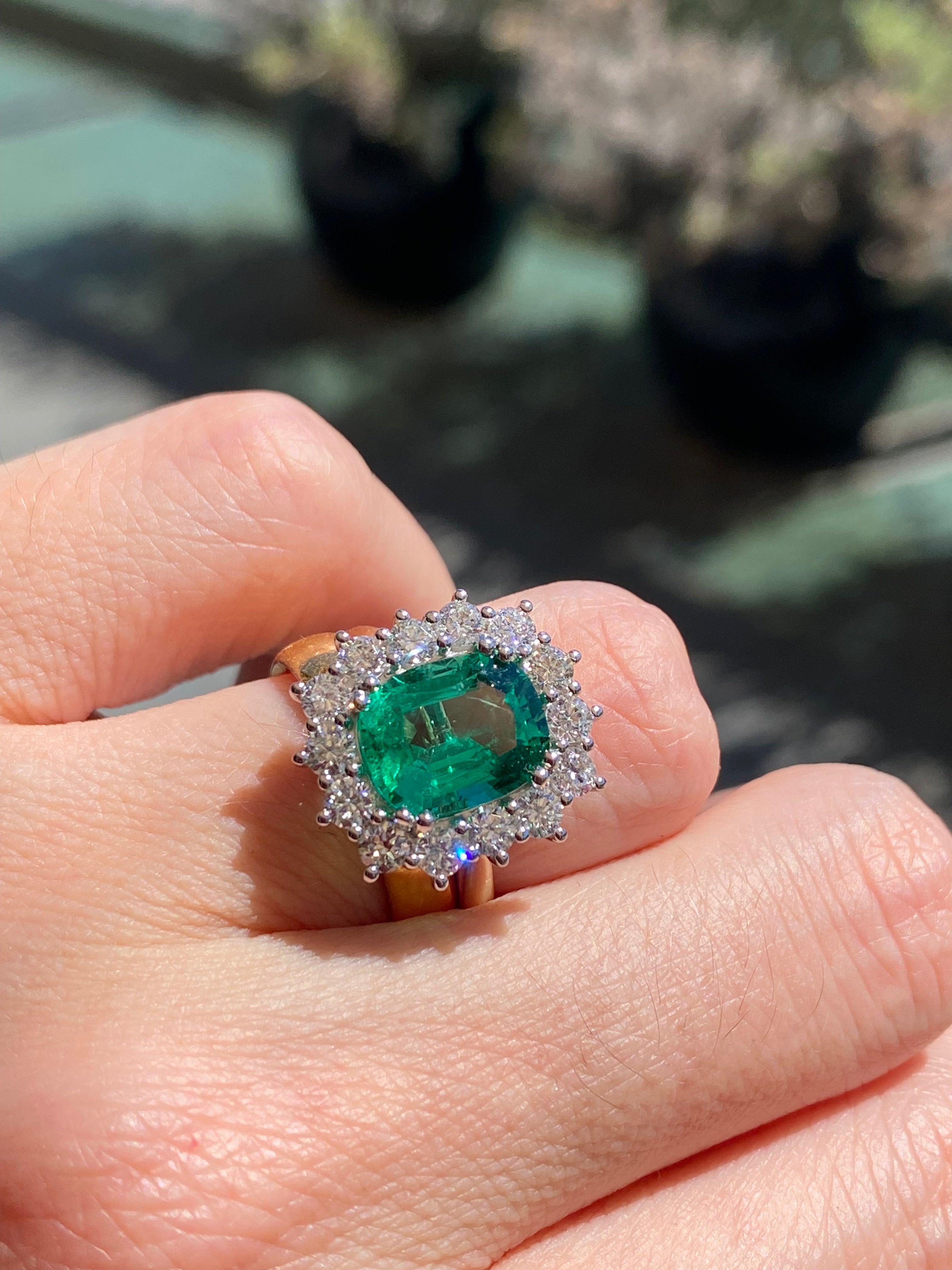 2.58 Carat Cushion Cut GIA Zambian Emerald and 1.07 CTW Natural Diamond Halo Ring in Platinum and 18ct Yellow Gold
